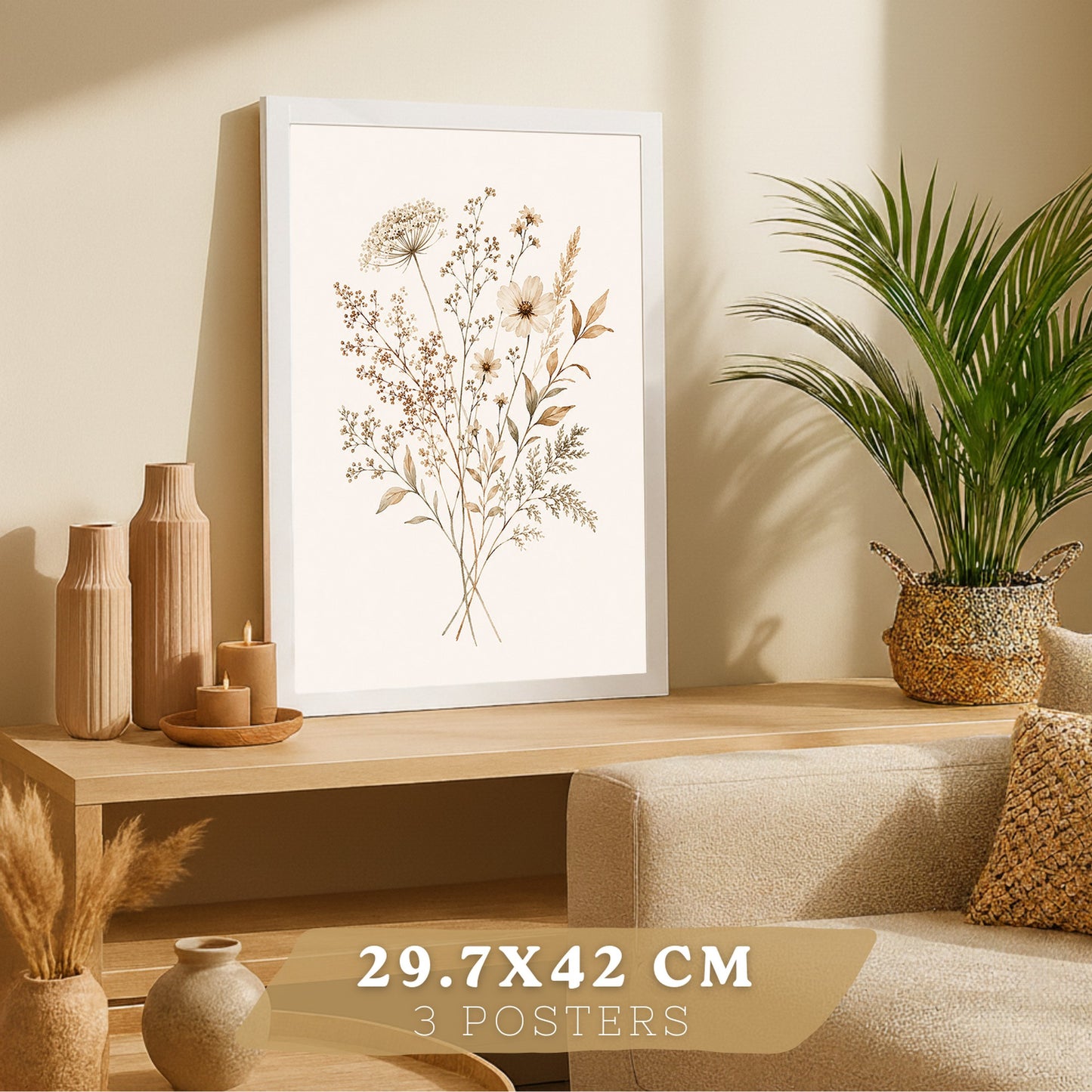 Posters de pared Flores Silvestres Neutras con Acuarela Botánica Beige