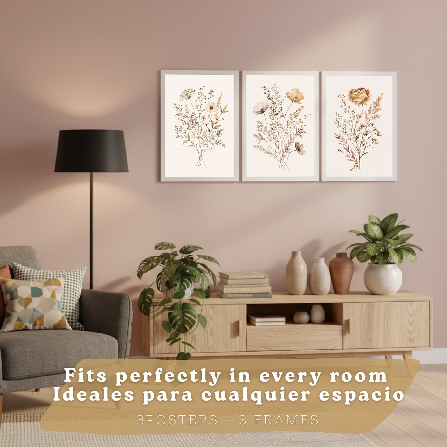 Posters de pared Flores Silvestres Neutras con Acuarela Botánica Beige