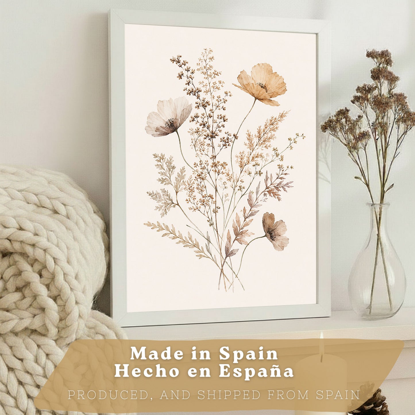Posters de pared Flores Silvestres Neutras con Acuarela Botánica Beige