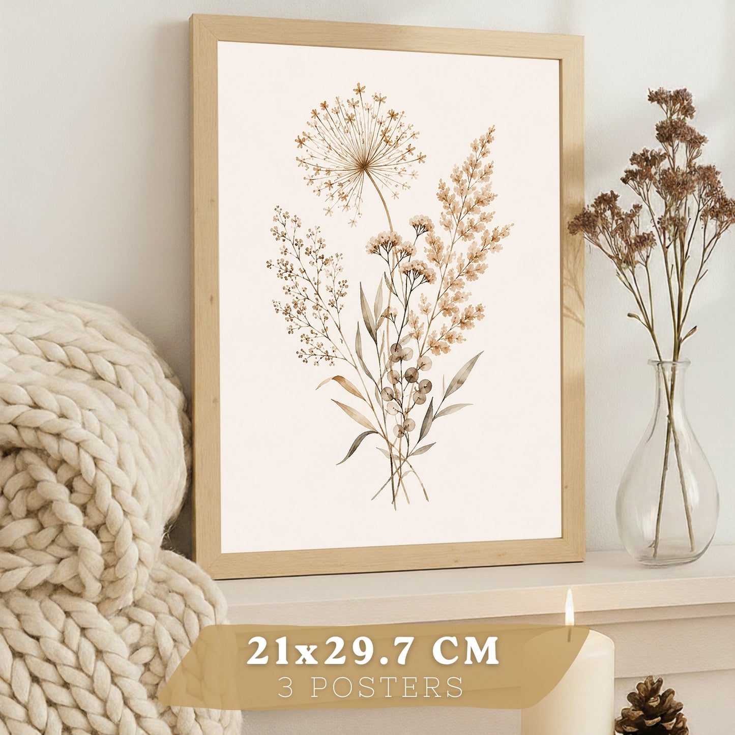 Posters de Flores Silvestres con Arte de Pradera en Tonos Neutros