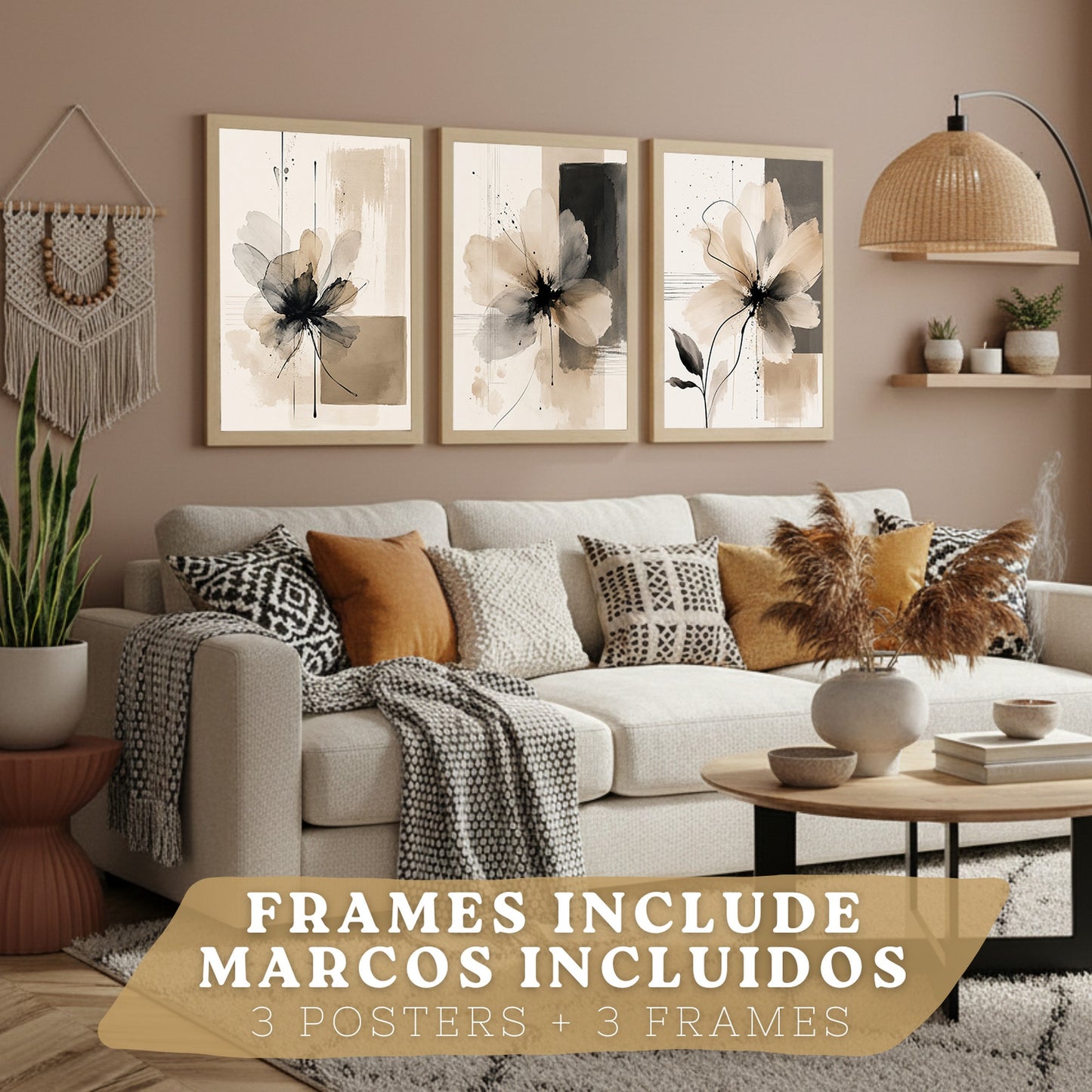 Posters Florales Neutros con Arte de Flores Beige en Acuarela