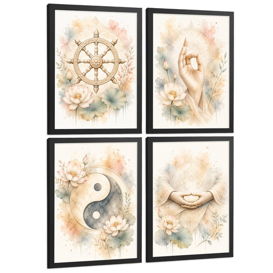 Posters Espirituales con Rueda del Dharma, Yin Yang y Meditación