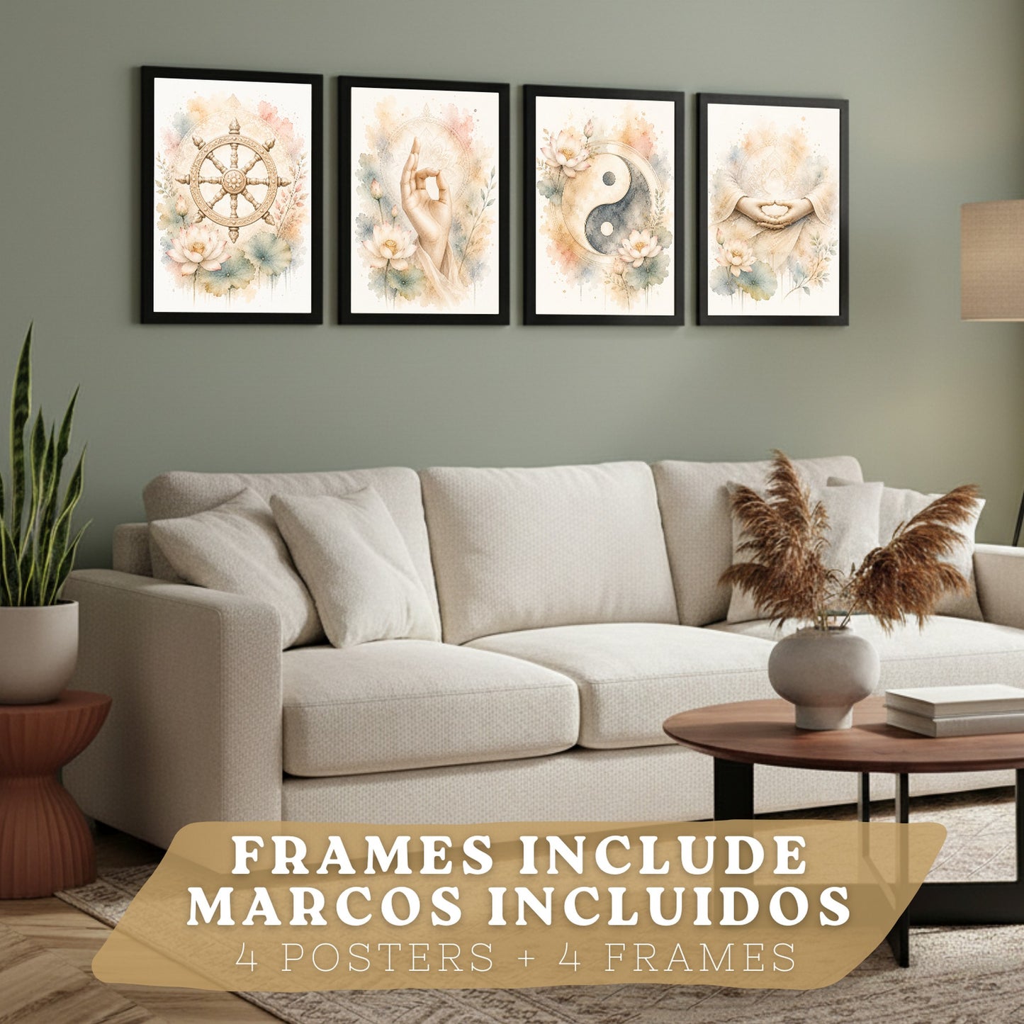 Posters Espirituales con Rueda del Dharma, Yin Yang y Meditación