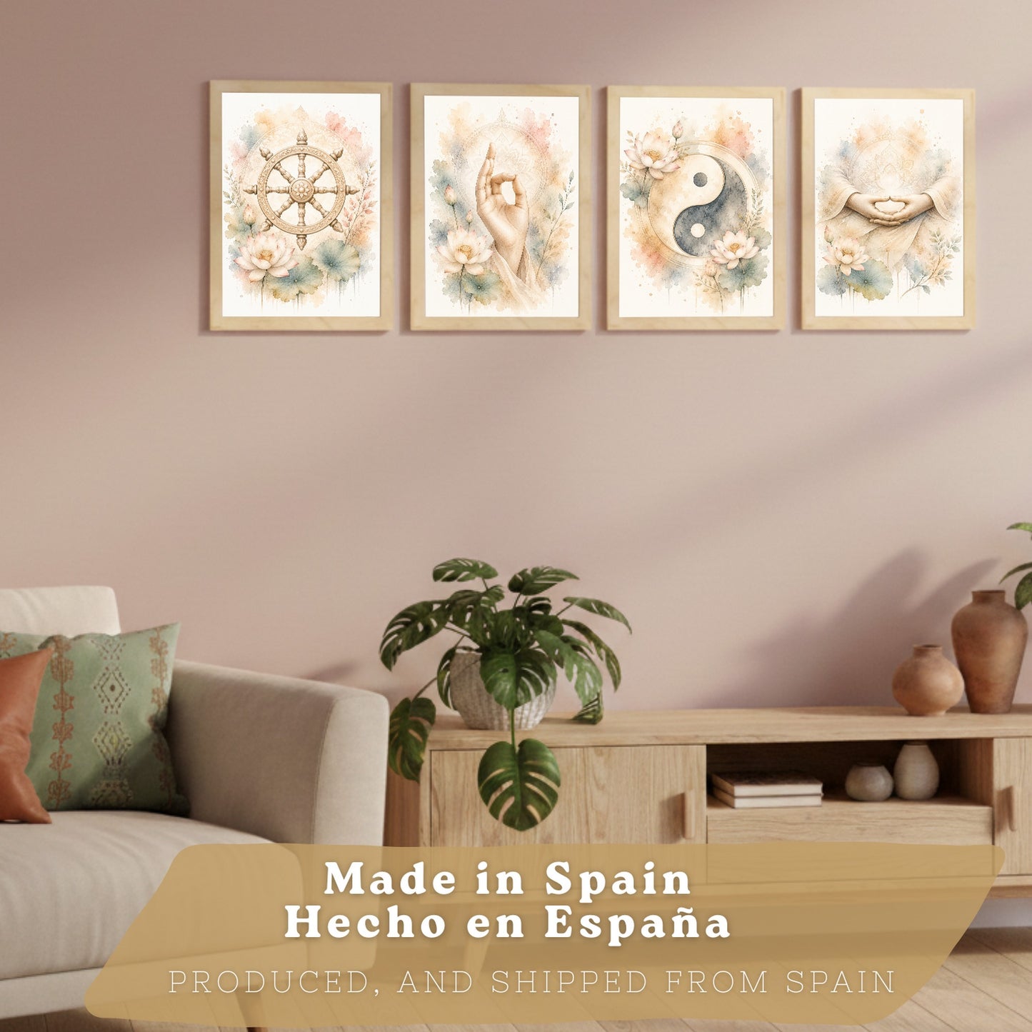 Posters Espirituales con Rueda del Dharma, Yin Yang y Meditación
