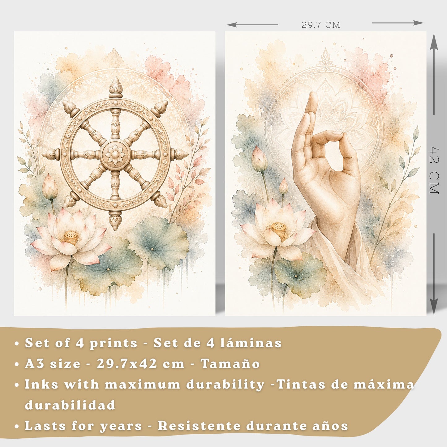 Posters Espirituales con Rueda del Dharma, Yin Yang y Meditación