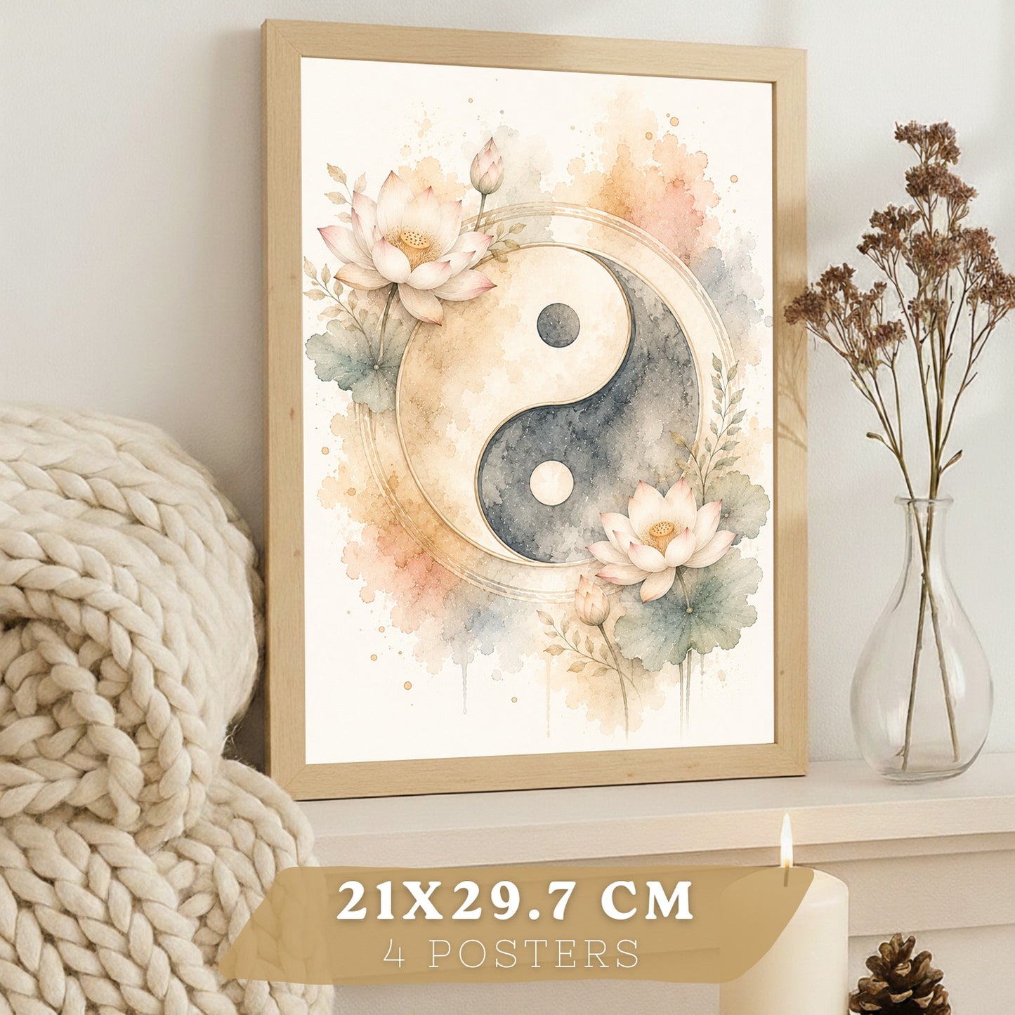 Posters Espirituales con Rueda del Dharma, Yin Yang y Meditación