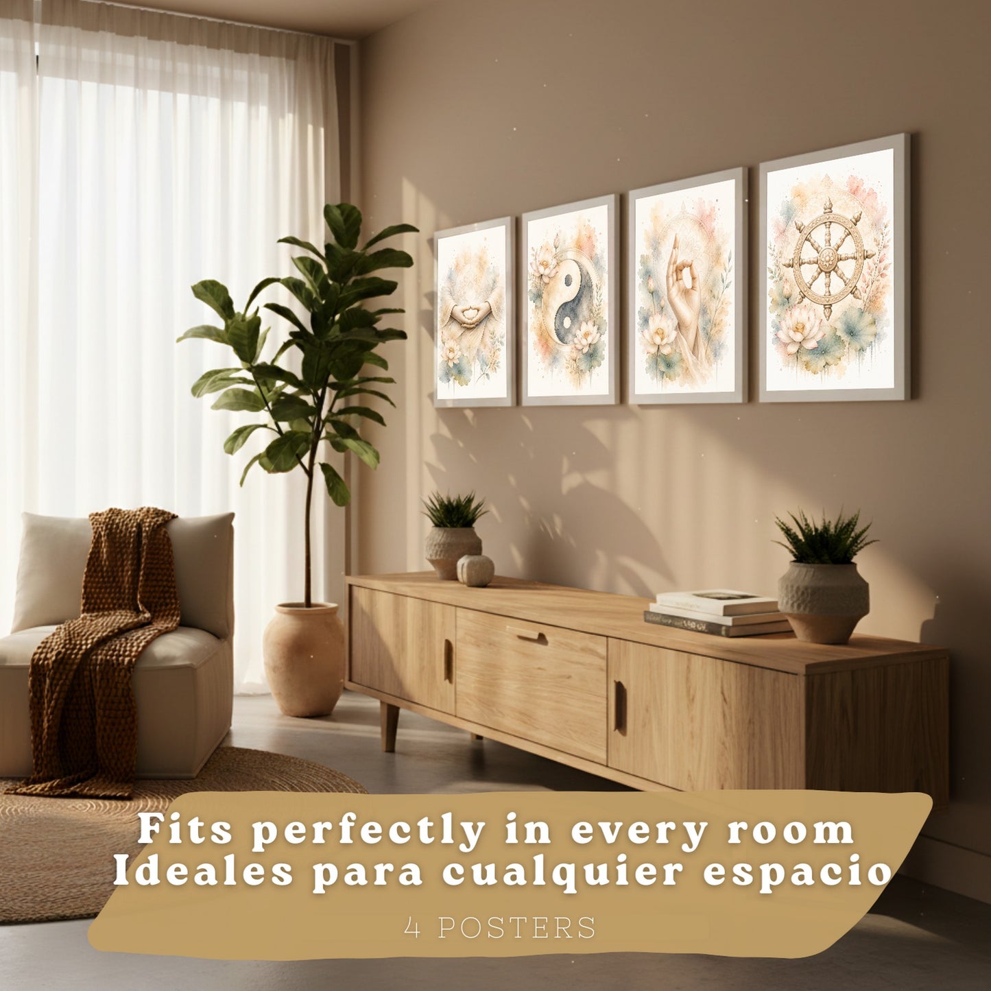 Posters Espirituales con Rueda del Dharma, Yin Yang y Meditación