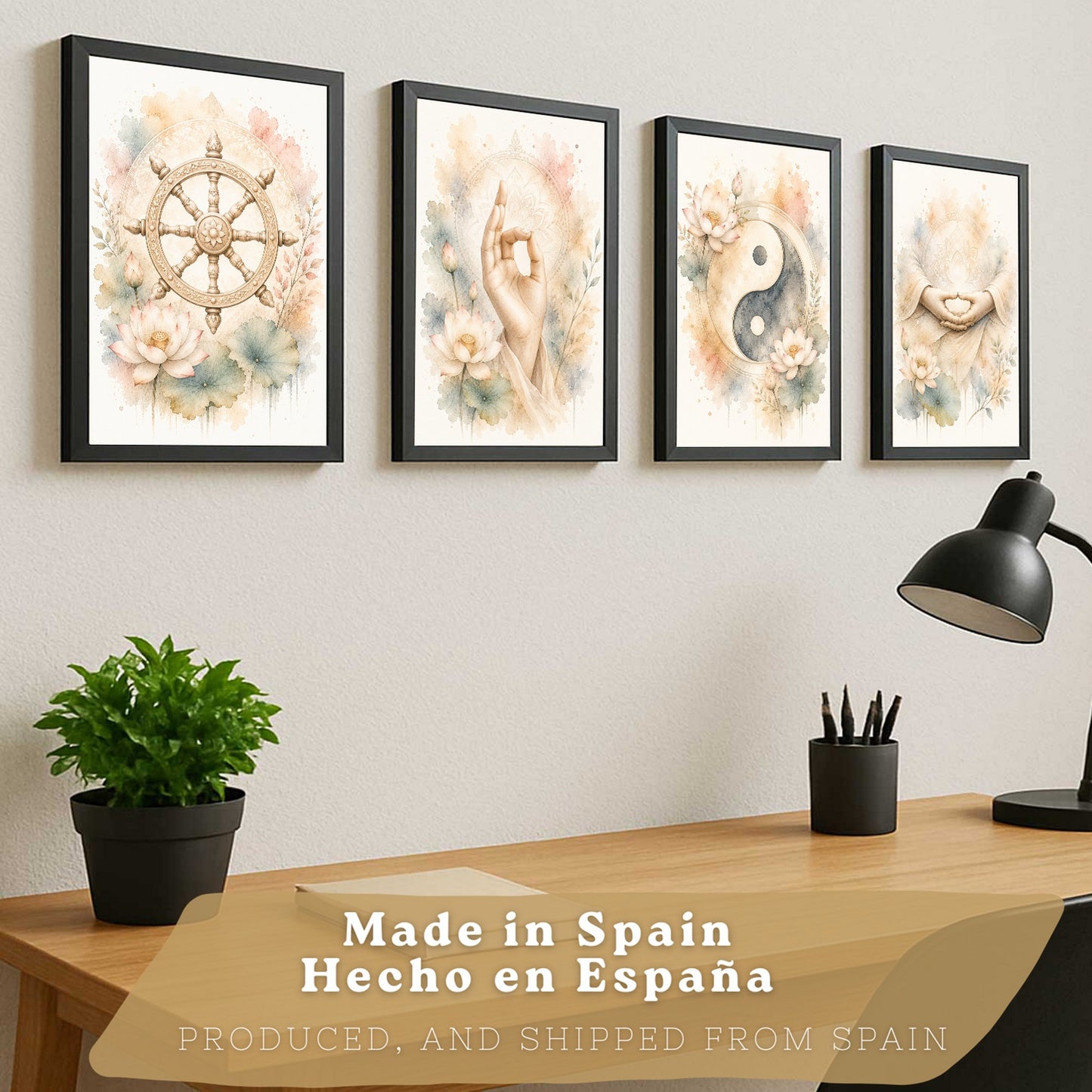 Posters Espirituales con Rueda del Dharma, Yin Yang y Meditación