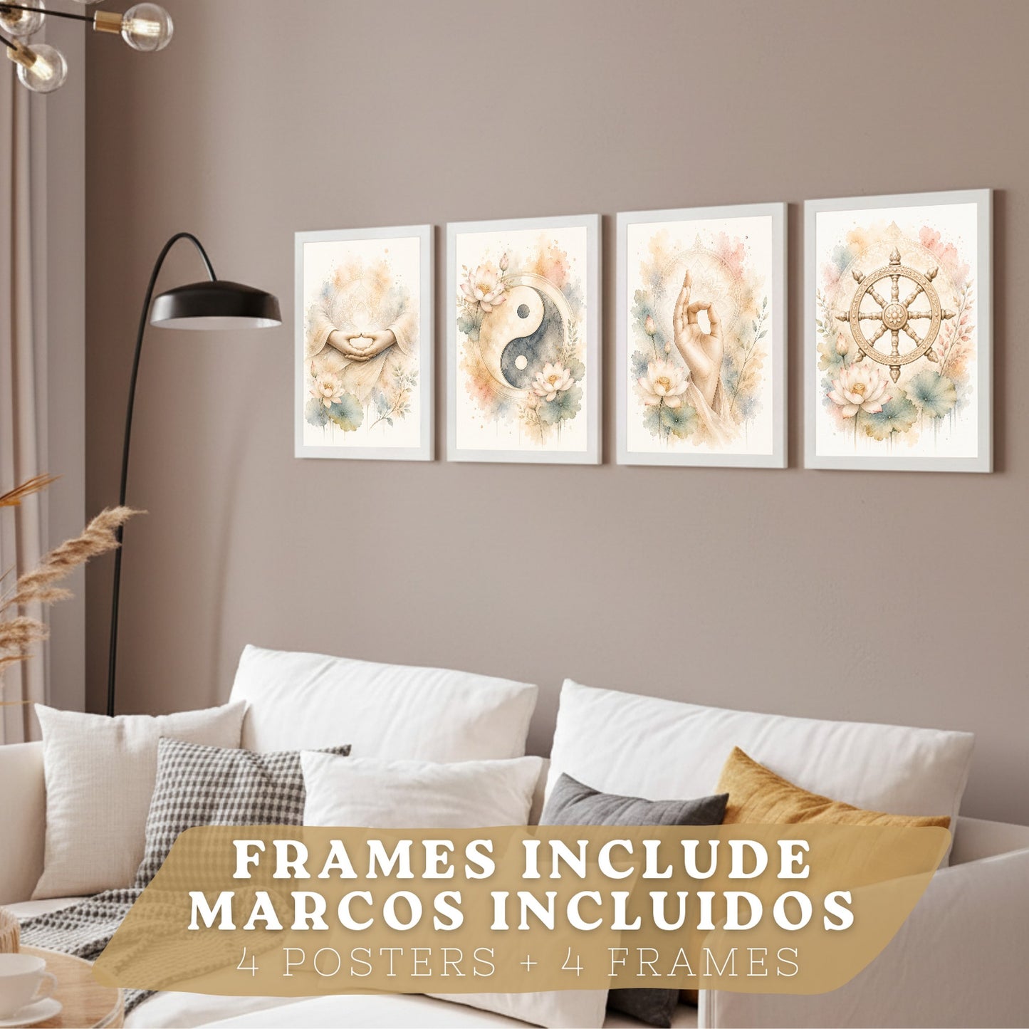 Posters Espirituales con Rueda del Dharma, Yin Yang y Meditación