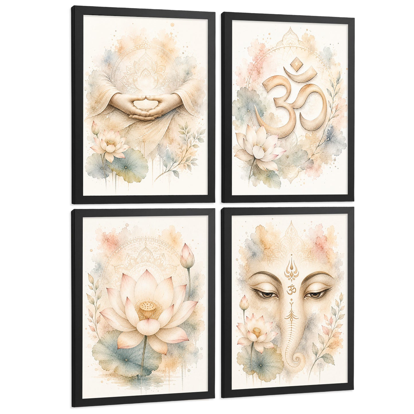Posters Espirituales con Loto, Om y Ganesha Acuarela