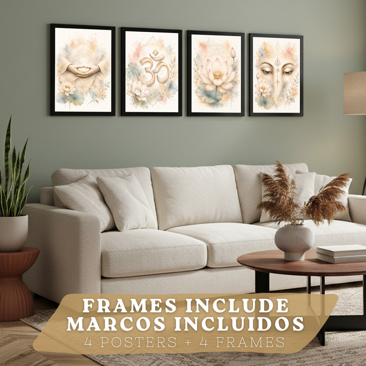 Posters Espirituales con Loto, Om y Ganesha Acuarela