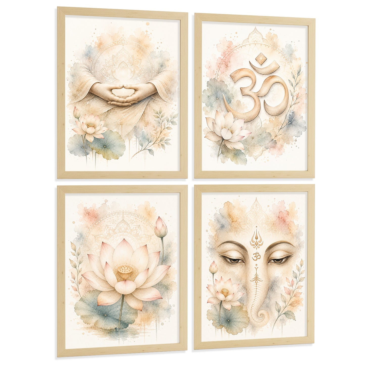 Posters Espirituales con Loto, Om y Ganesha Acuarela