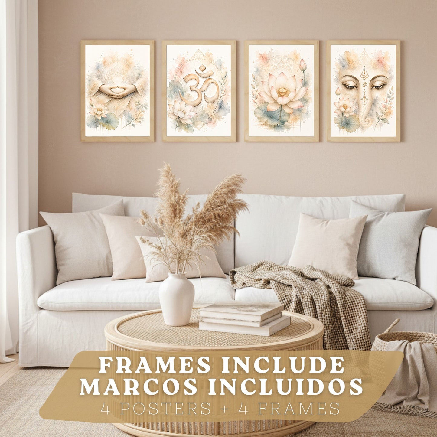 Posters Espirituales con Loto, Om y Ganesha Acuarela