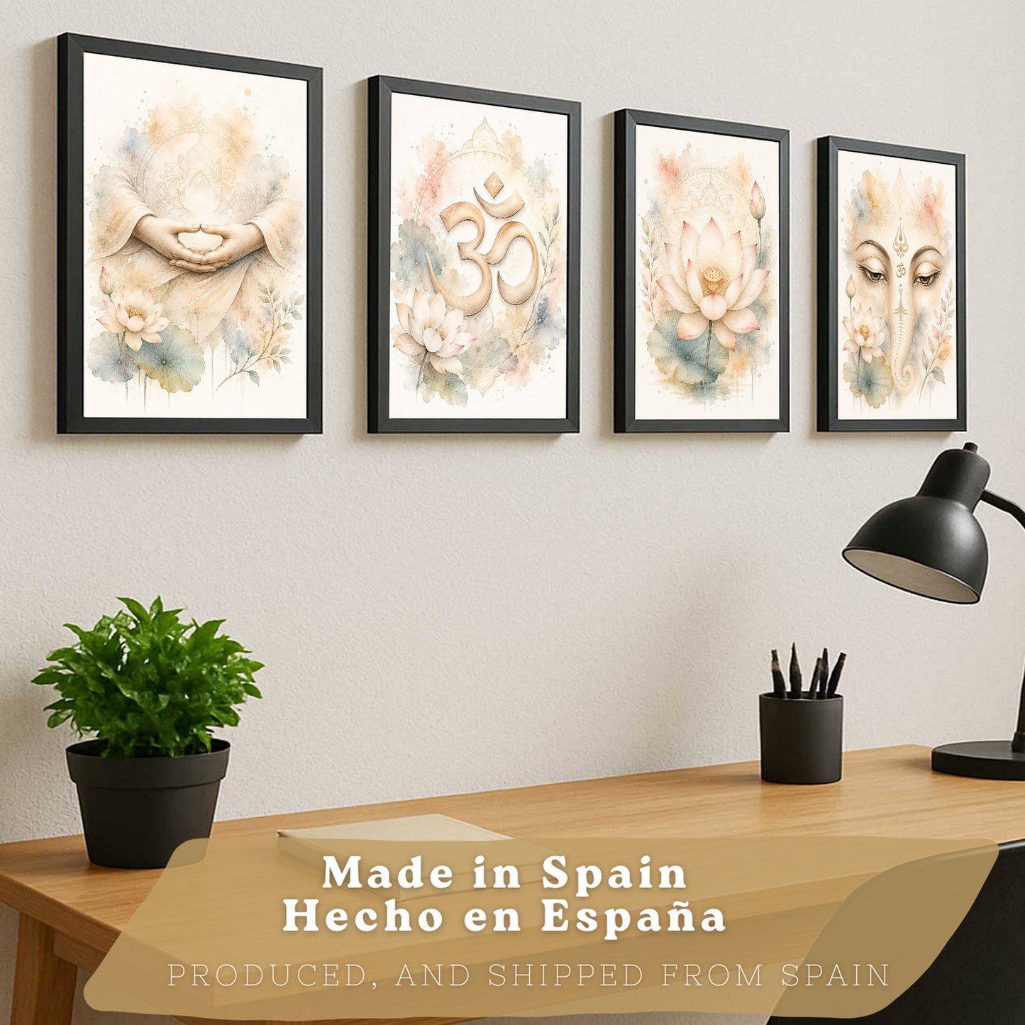 Posters Espirituales con Loto, Om y Ganesha Acuarela