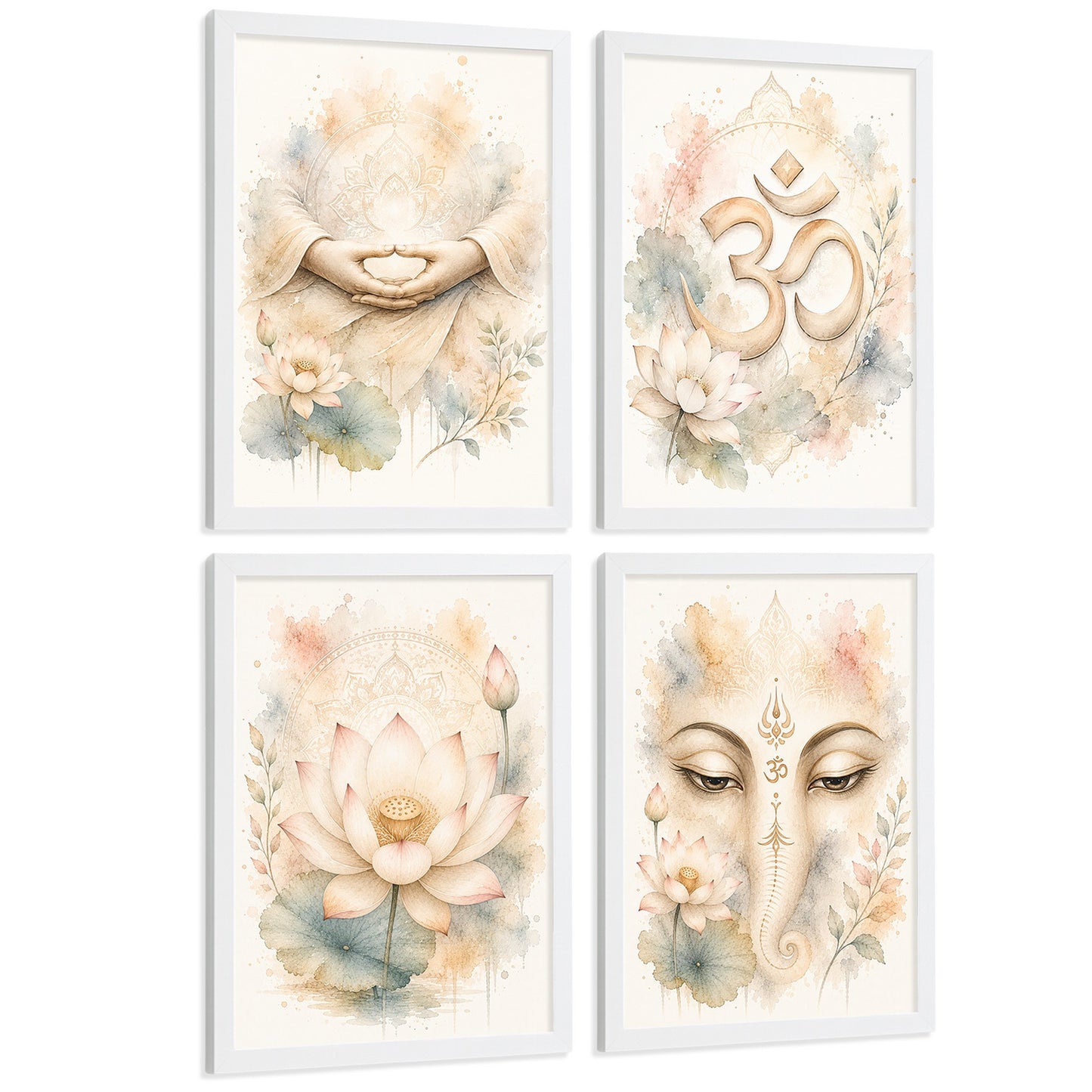 Posters Espirituales con Loto, Om y Ganesha Acuarela