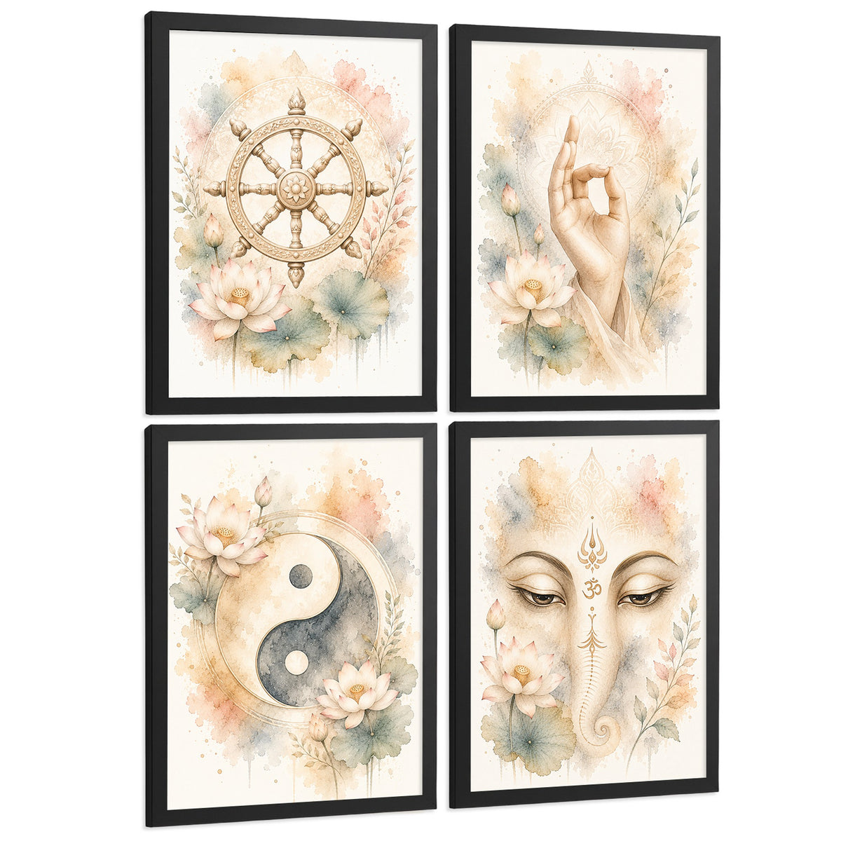 Posters Espirituales con Rueda del Dharma, Yin Yang y Ganesha