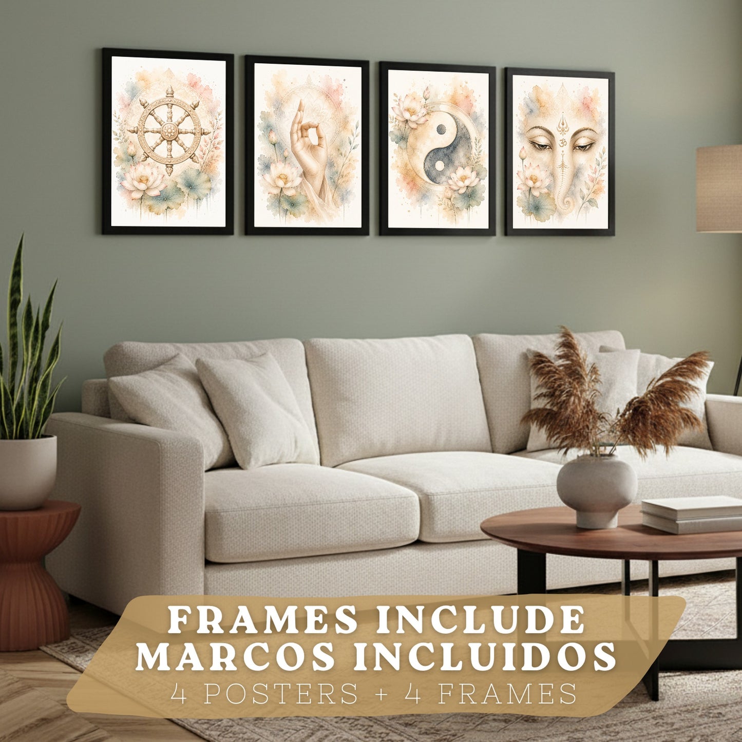 Posters Espirituales con Rueda del Dharma, Yin Yang y Ganesha