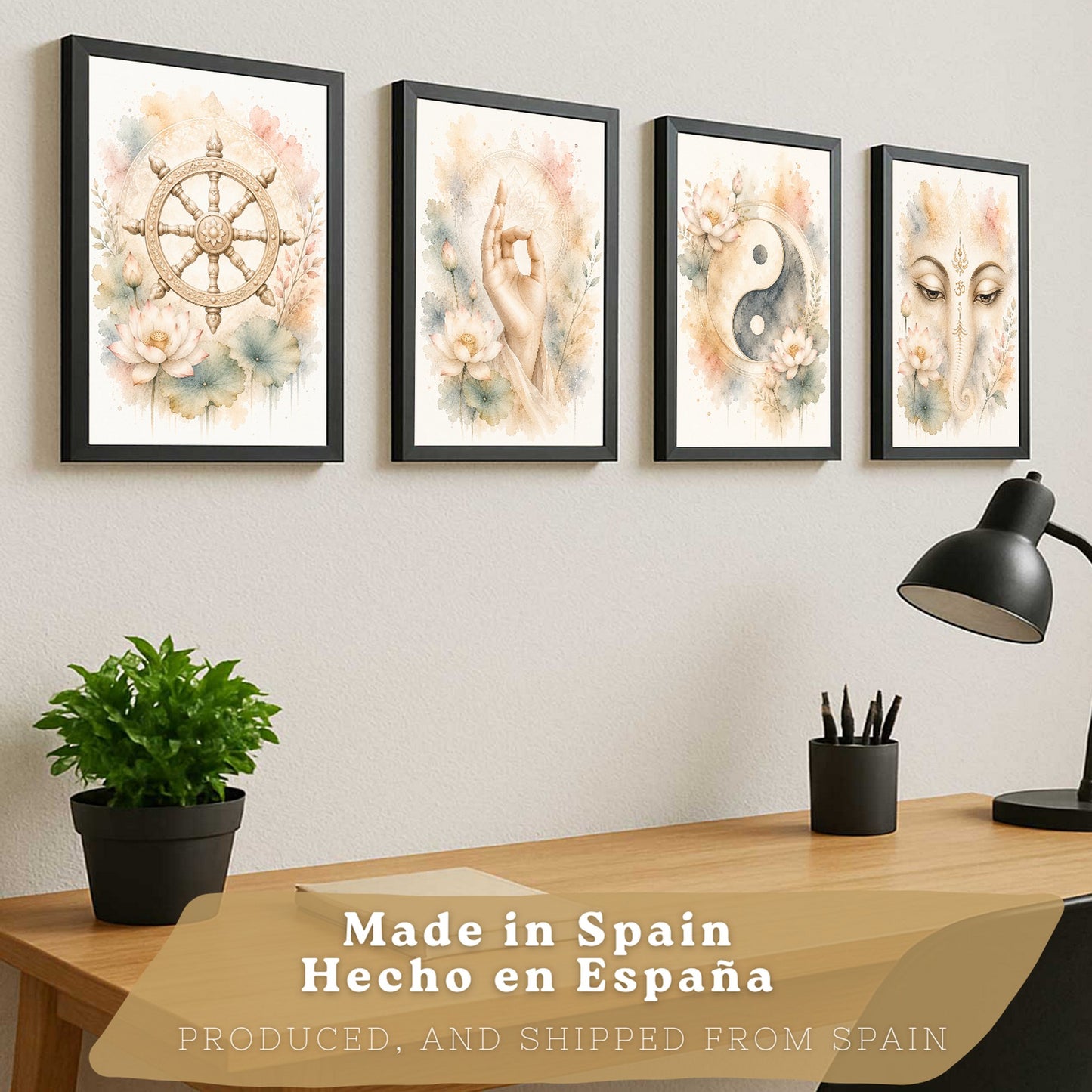 Posters Espirituales con Rueda del Dharma, Yin Yang y Ganesha