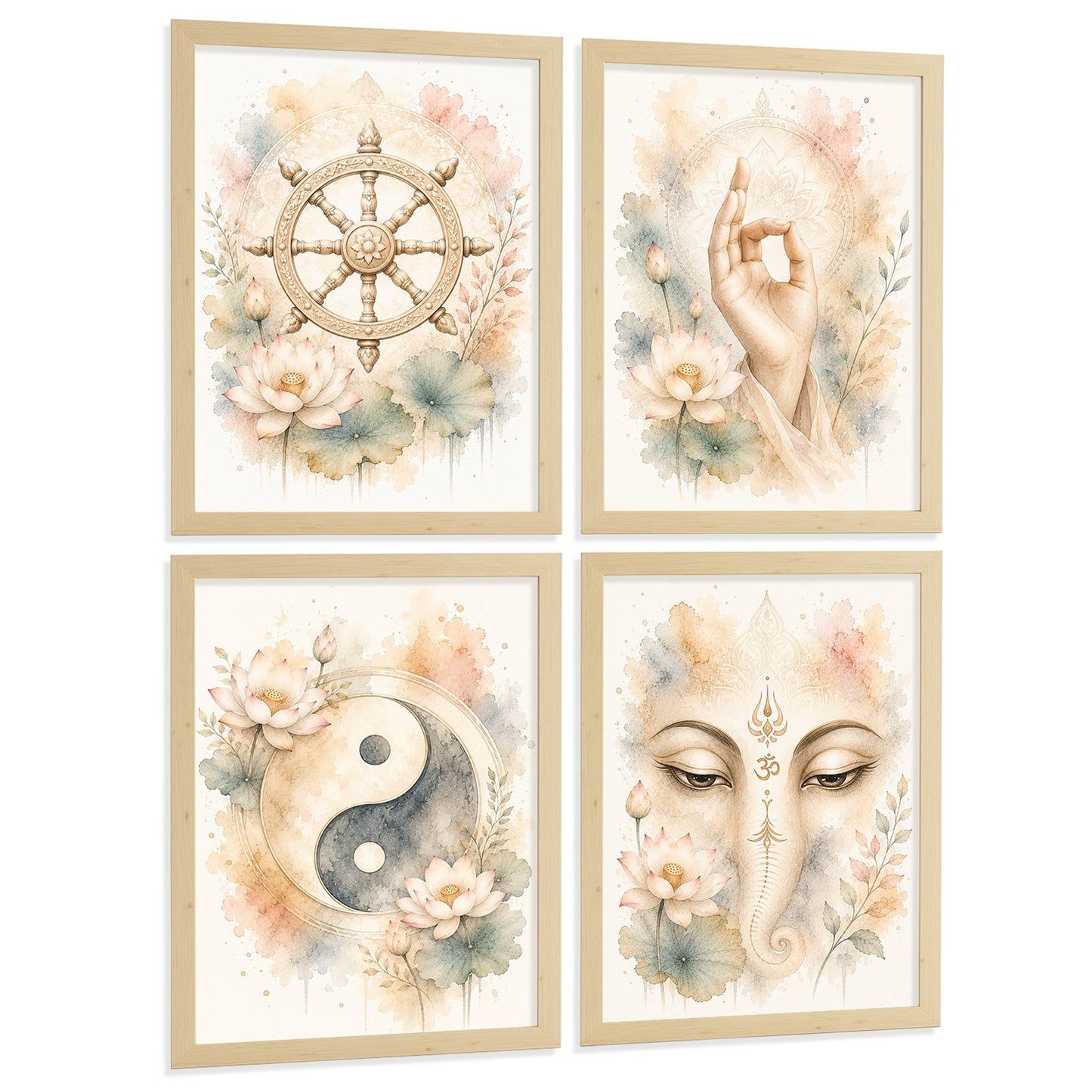 Posters Espirituales con Rueda del Dharma, Yin Yang y Ganesha