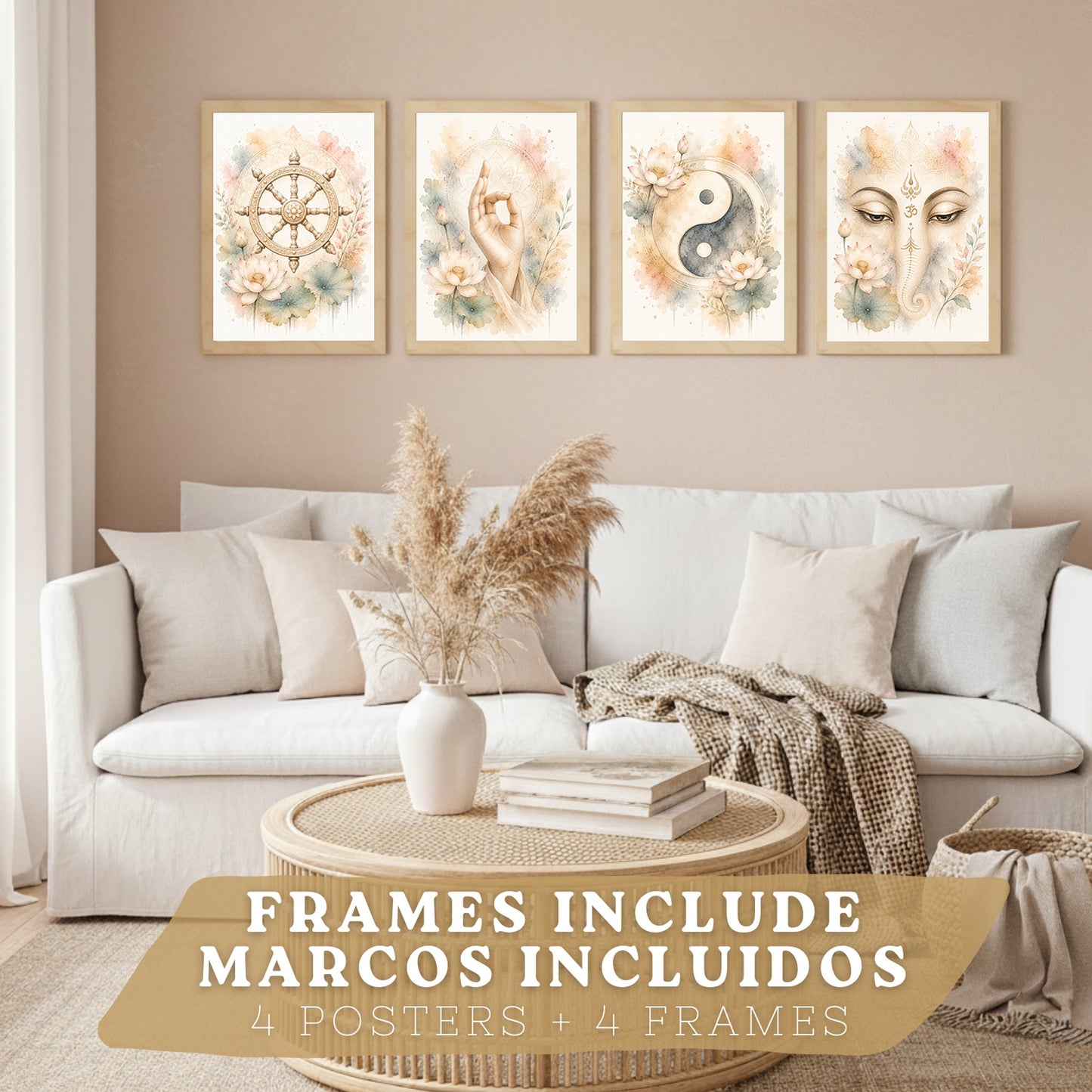 Posters Espirituales con Rueda del Dharma, Yin Yang y Ganesha