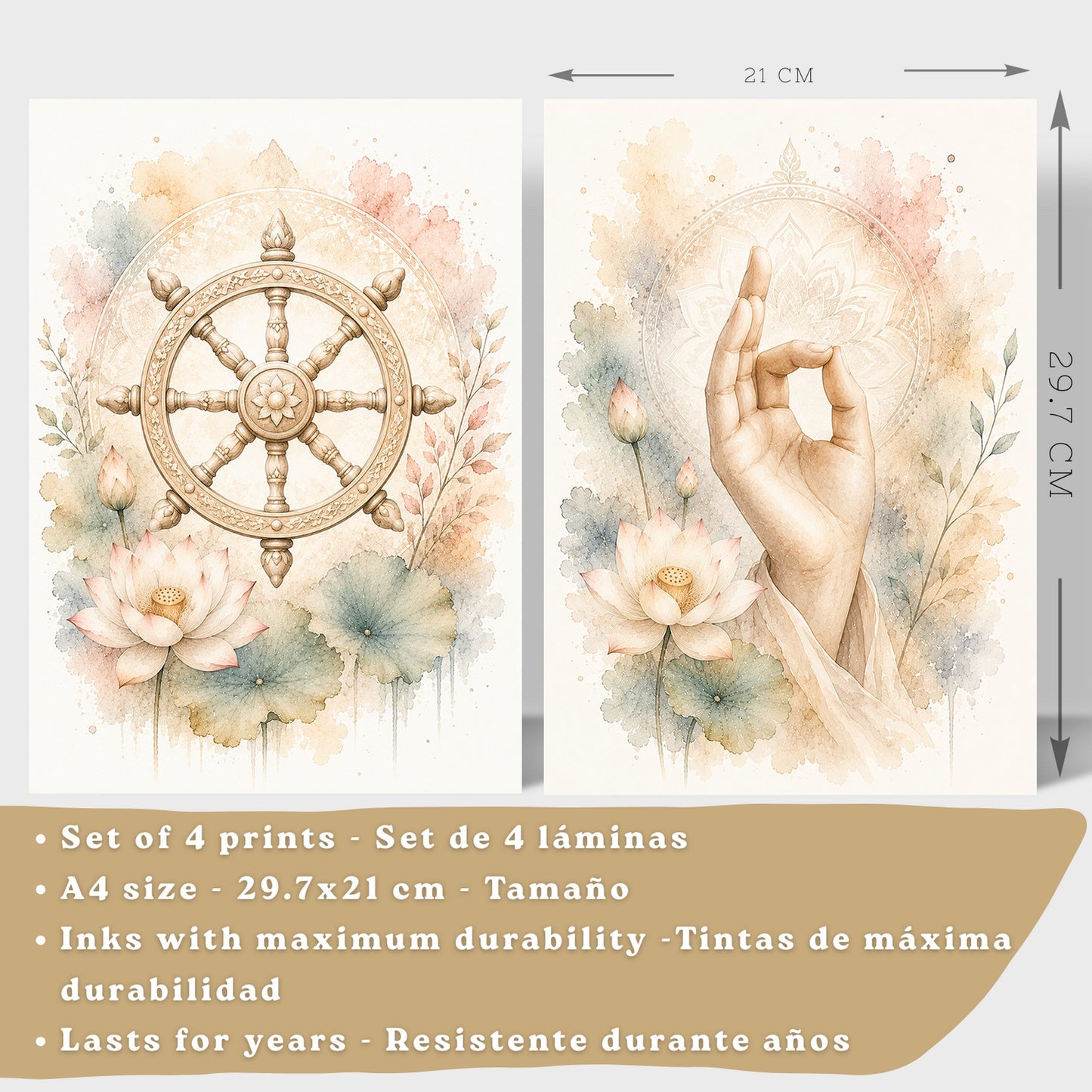 Posters Espirituales con Rueda del Dharma, Yin Yang y Ganesha