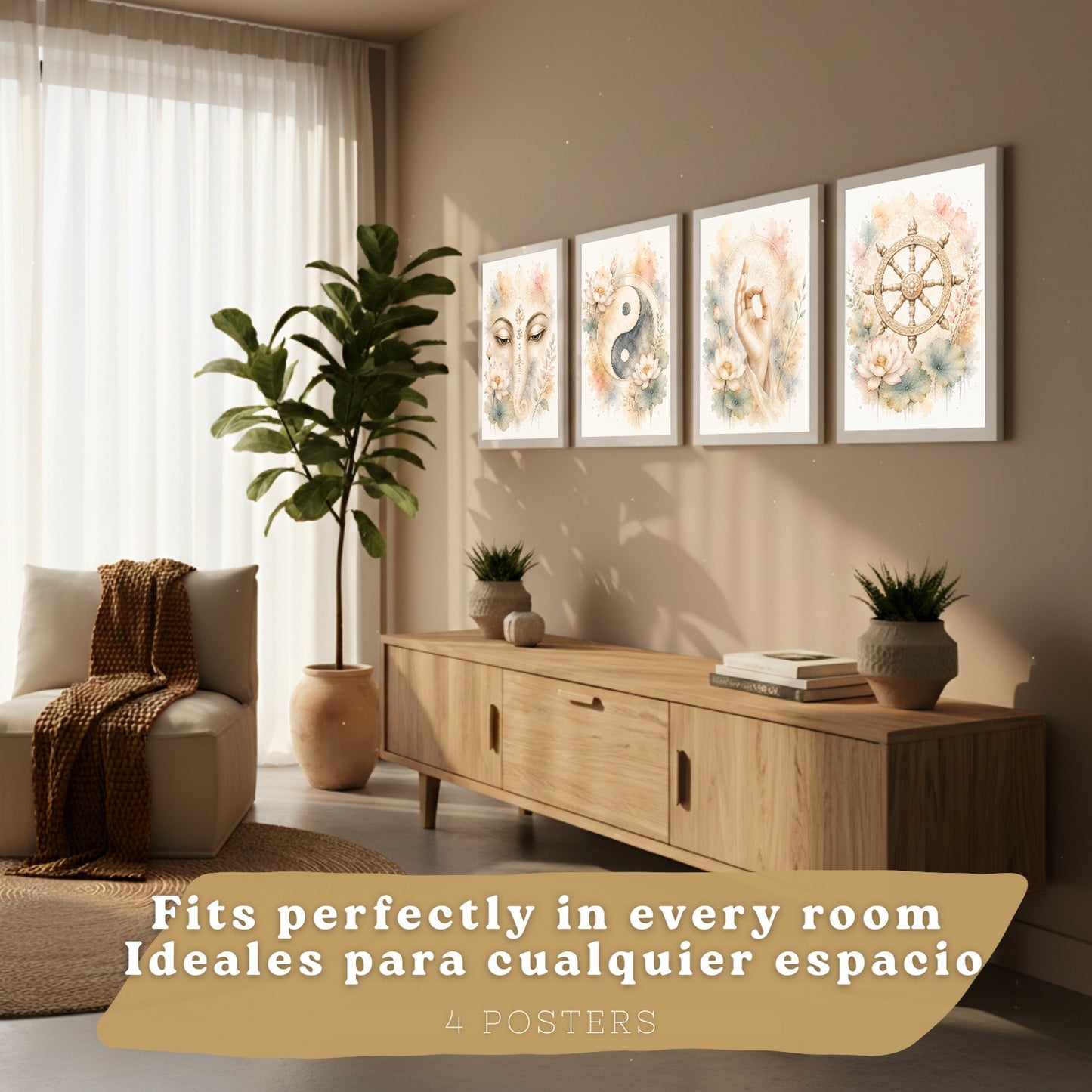 Posters Espirituales con Rueda del Dharma, Yin Yang y Ganesha