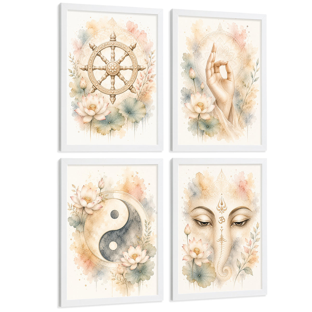Posters Espirituales con Rueda del Dharma, Yin Yang y Ganesha