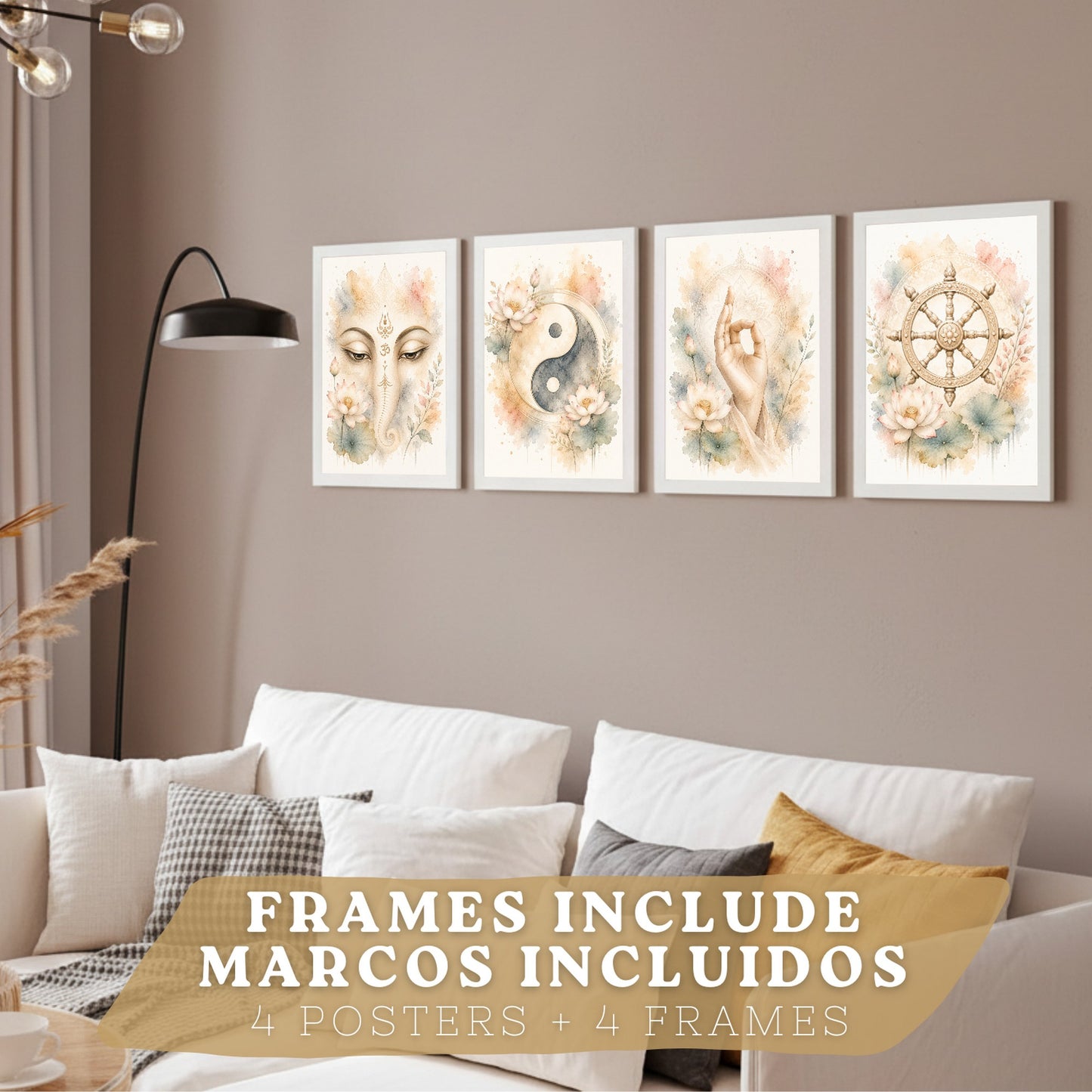 Posters Espirituales con Rueda del Dharma, Yin Yang y Ganesha