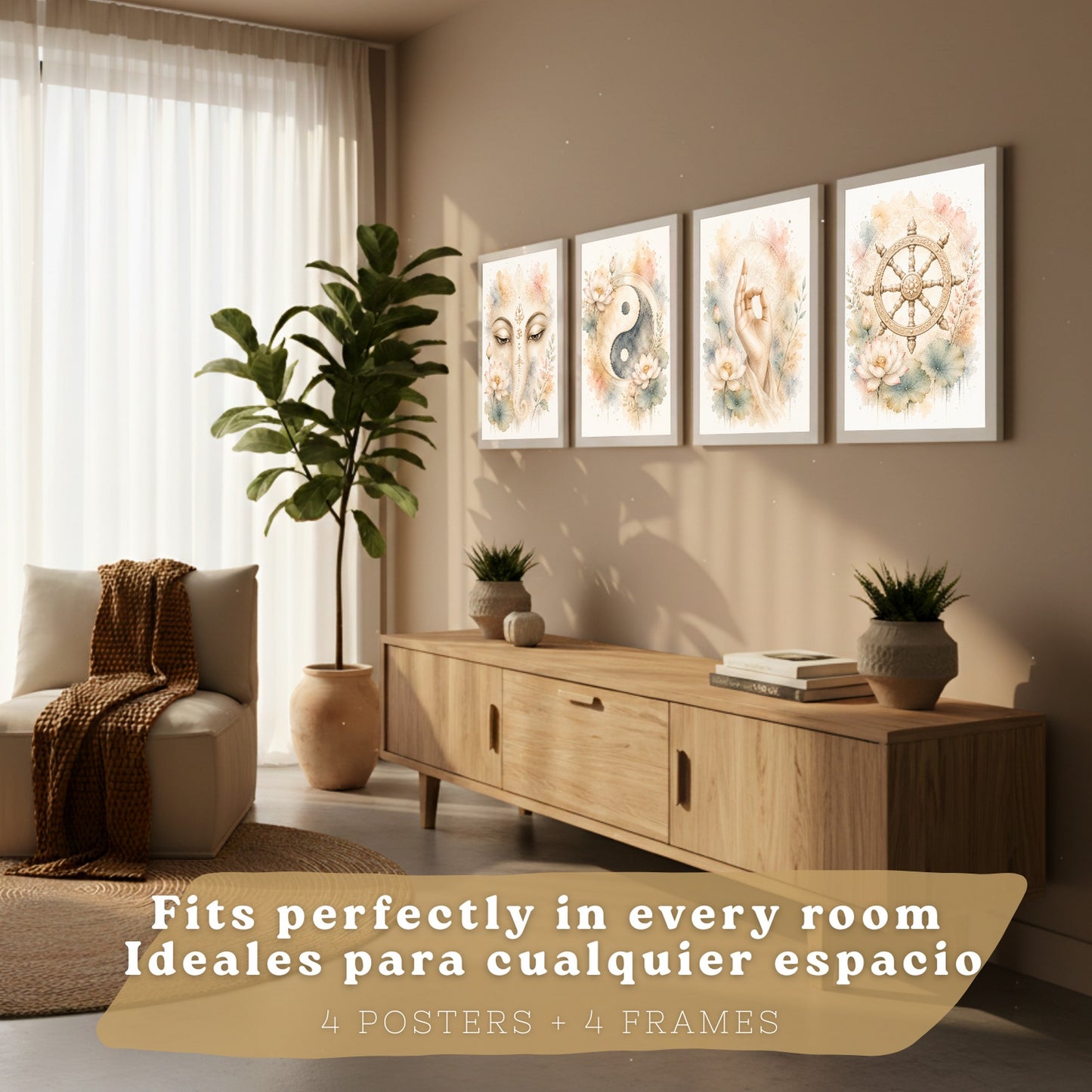 Posters Espirituales con Rueda del Dharma, Yin Yang y Ganesha