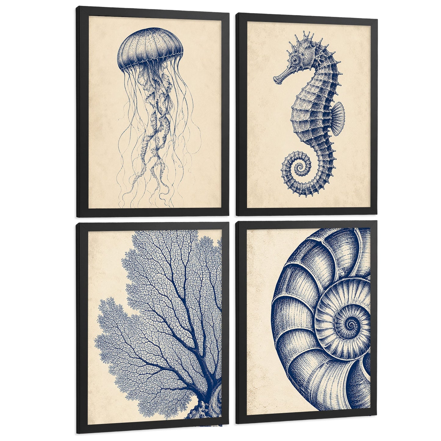 Posters de Costero con Medusa, Caballito de Mar y Arte de Nautilus