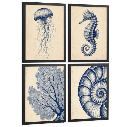Posters de Costero con Medusa, Caballito de Mar y Arte de Nautilus