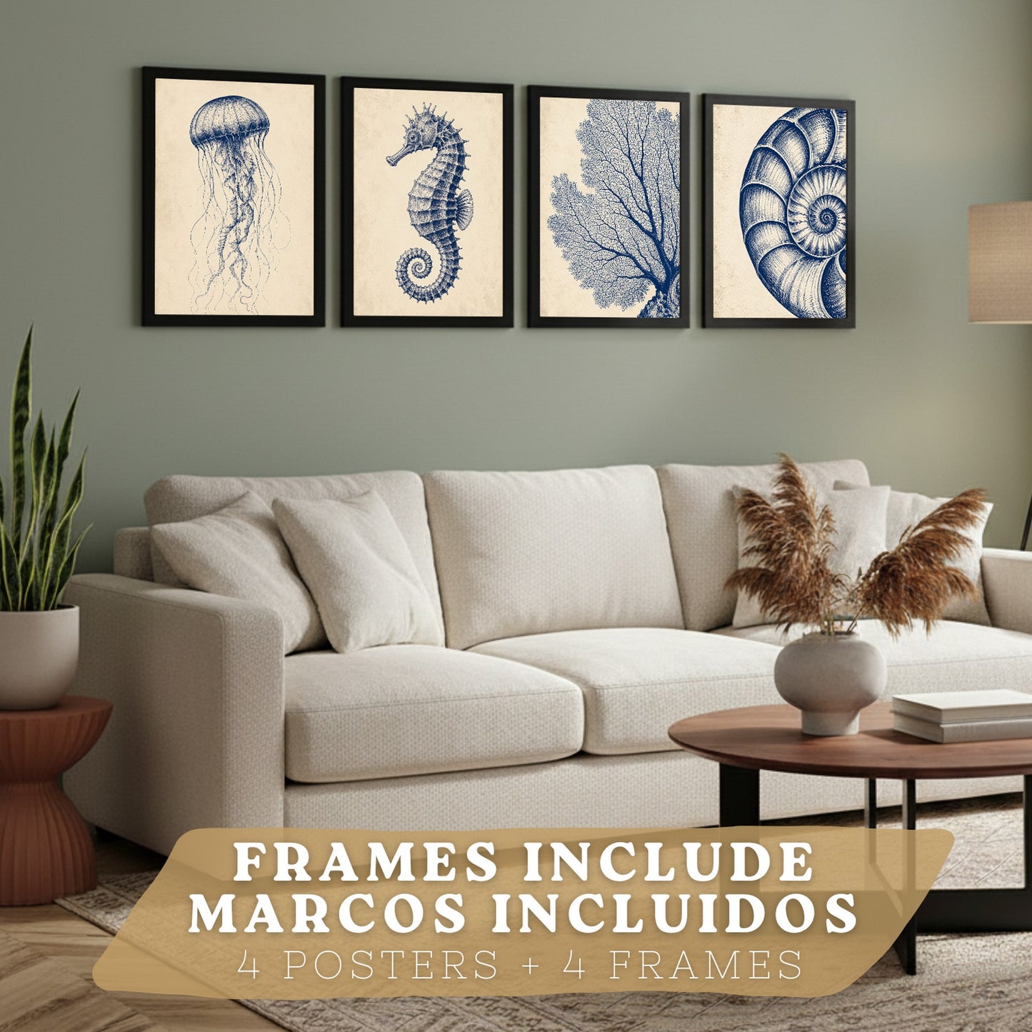 Posters de Costero con Medusa, Caballito de Mar y Arte de Nautilus