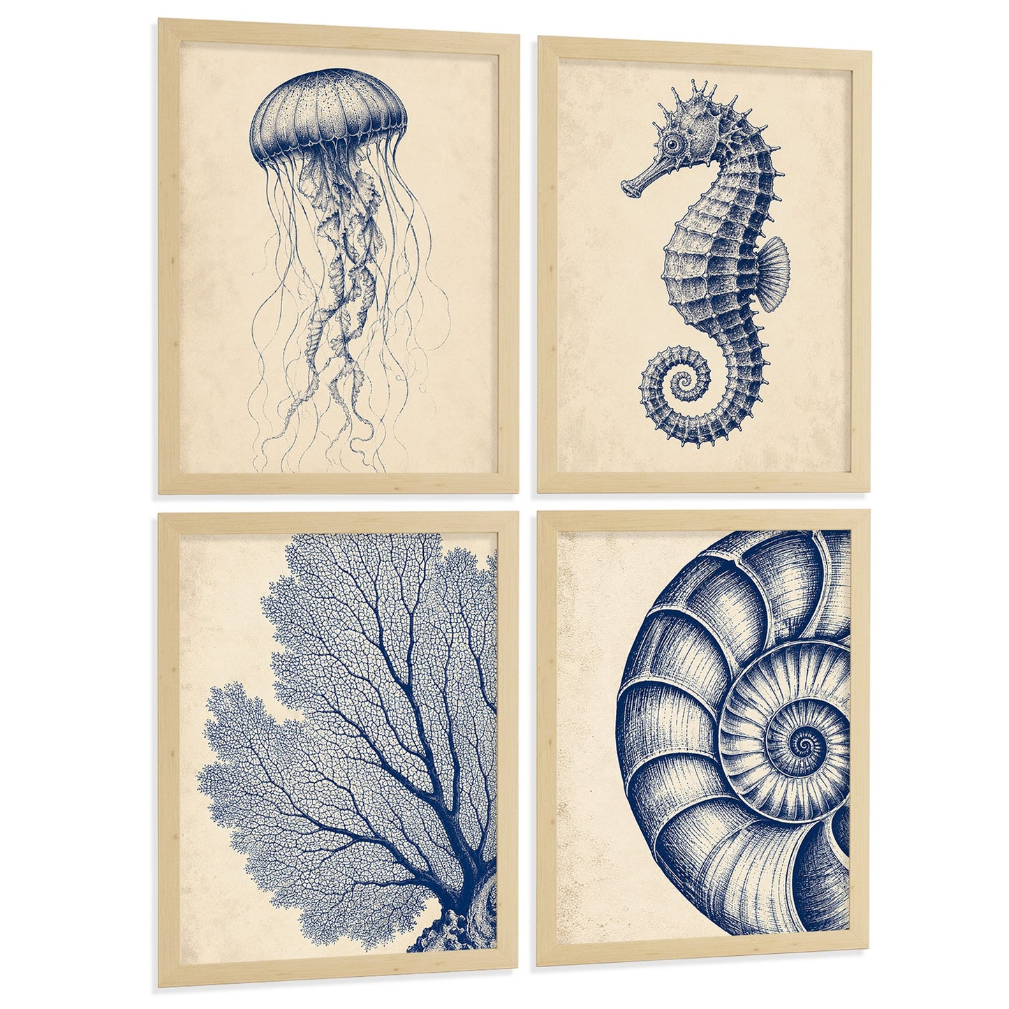 Posters de Costero con Medusa, Caballito de Mar y Arte de Nautilus