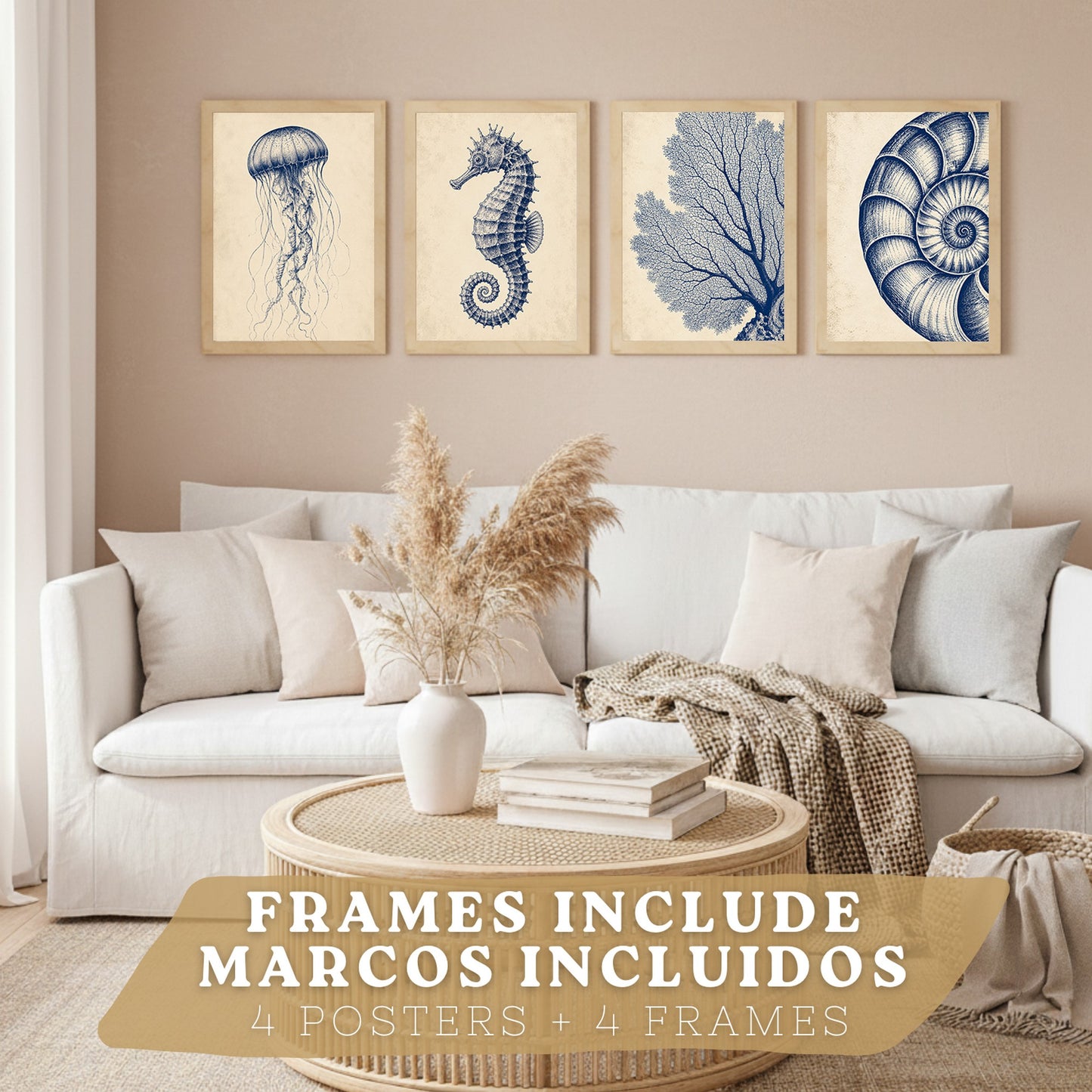 Posters de Costero con Medusa, Caballito de Mar y Arte de Nautilus