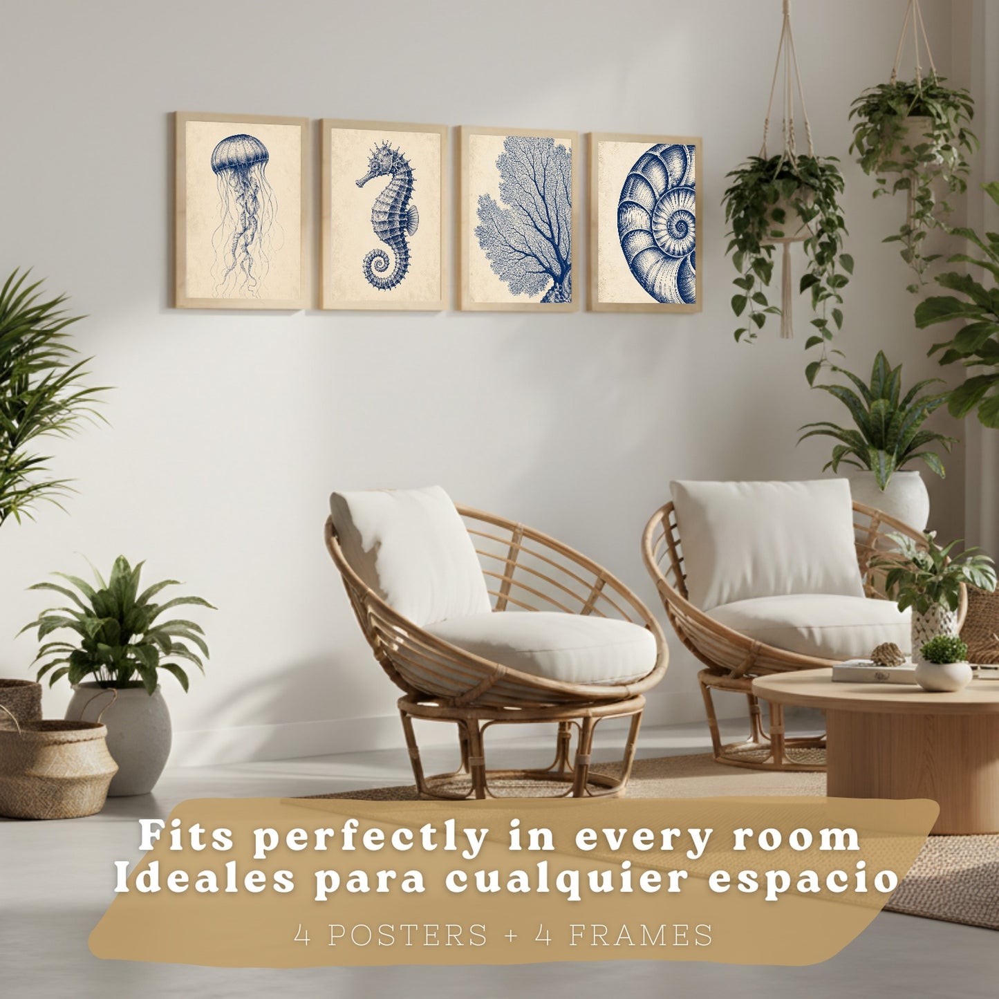 Posters de Costero con Medusa, Caballito de Mar y Arte de Nautilus