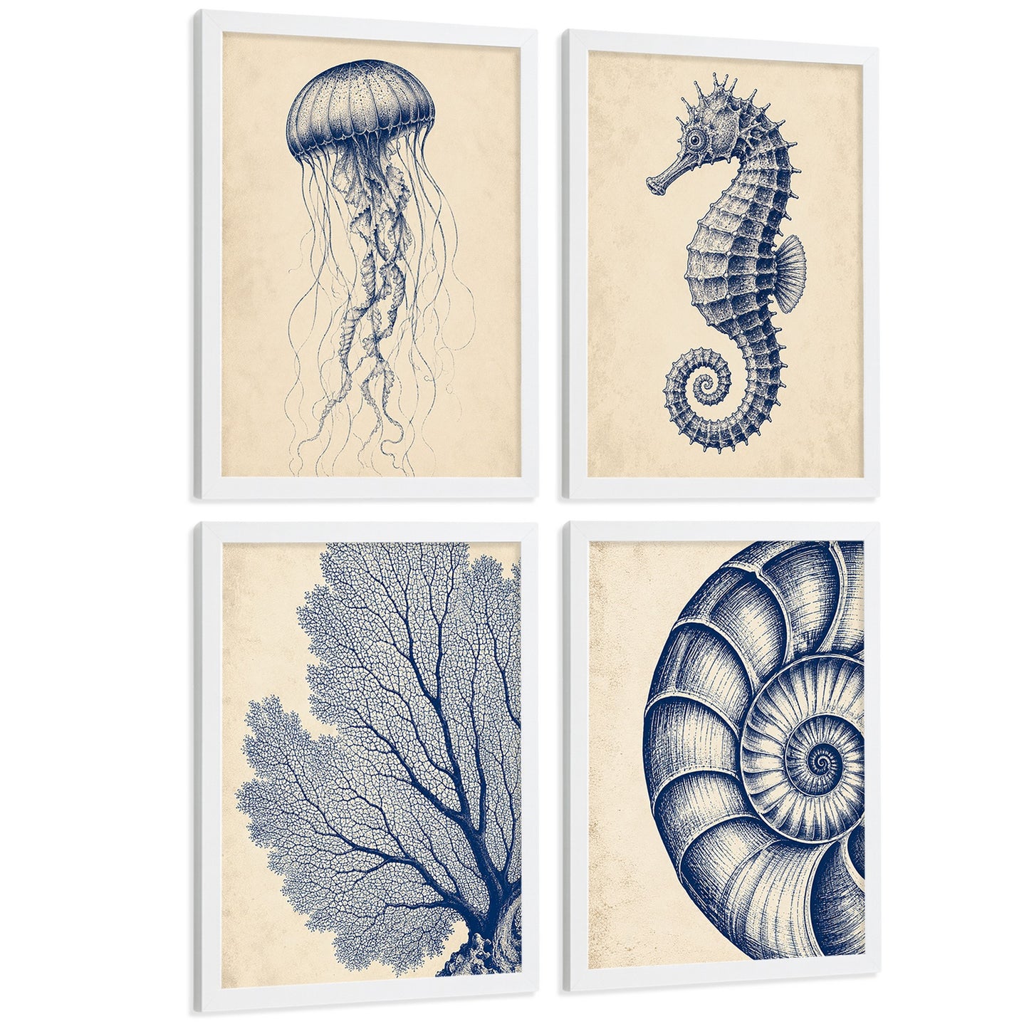 Posters de Costero con Medusa, Caballito de Mar y Arte de Nautilus
