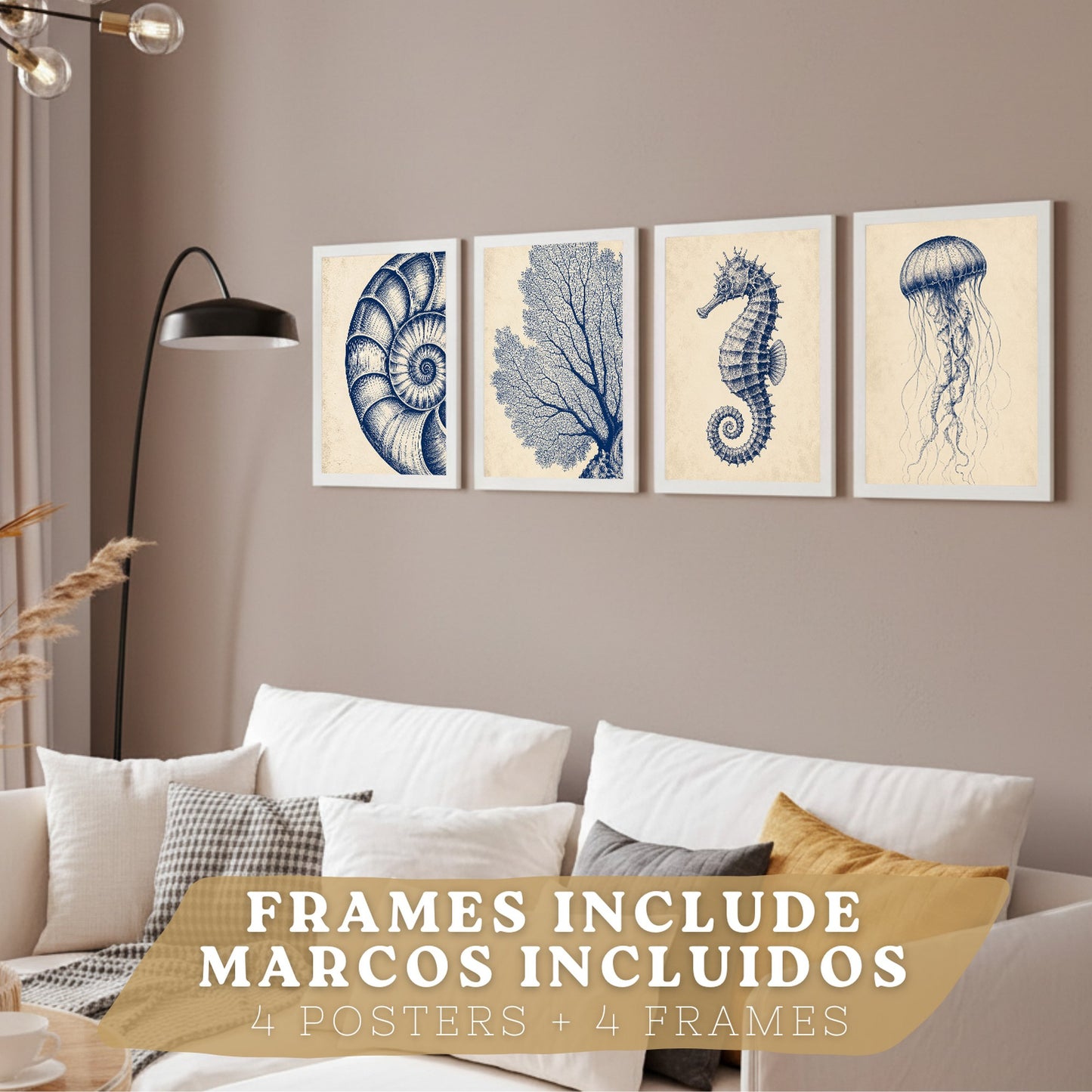 Posters de Costero con Medusa, Caballito de Mar y Arte de Nautilus
