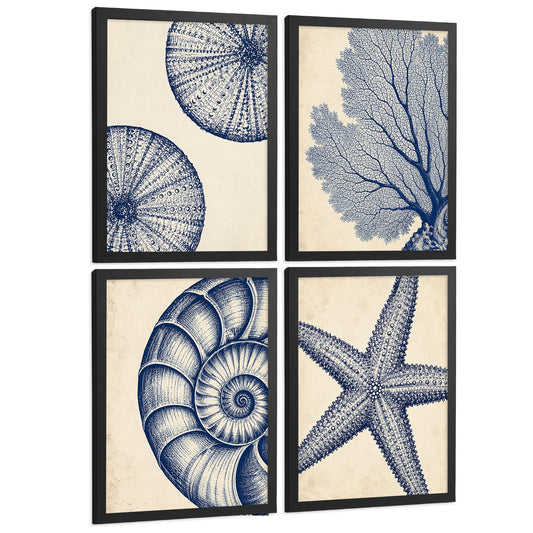 Posters de Azul Costero con Coral, Nautilus y Estrella de Mar
