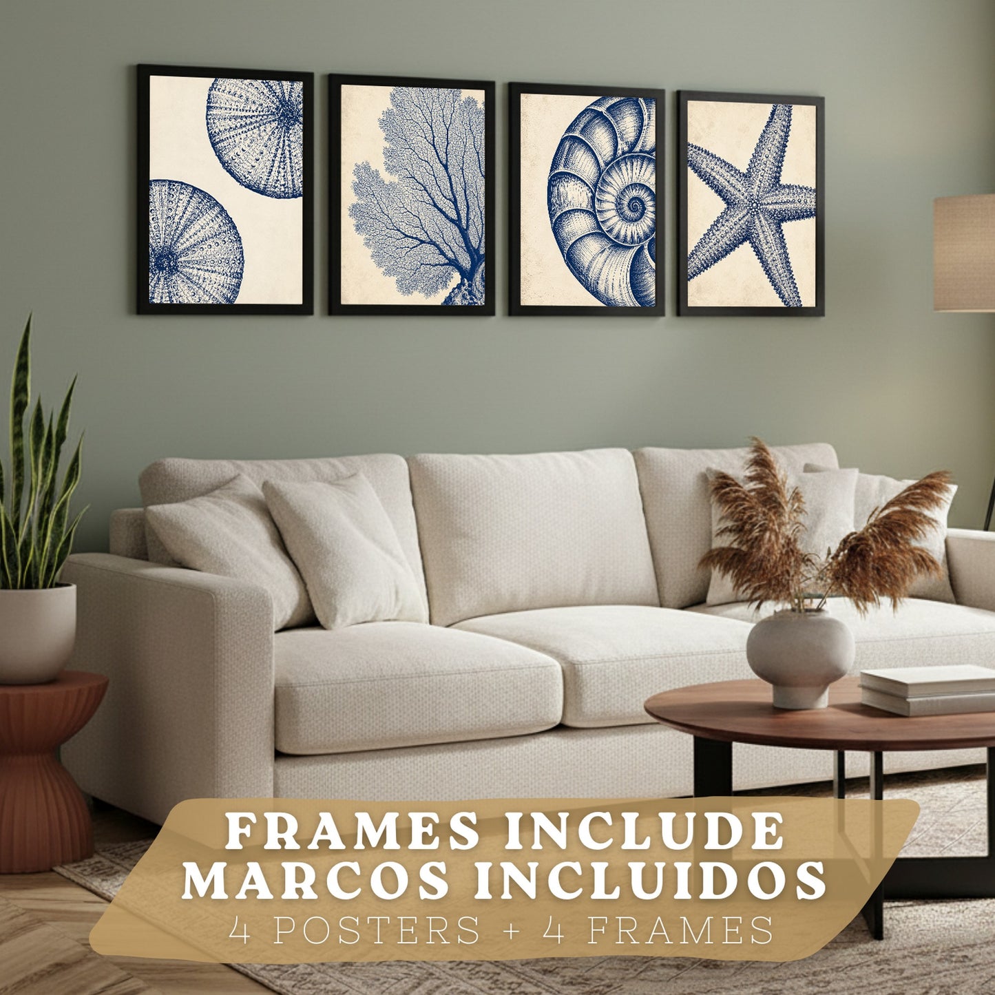 Posters de Azul Costero con Coral, Nautilus y Estrella de Mar
