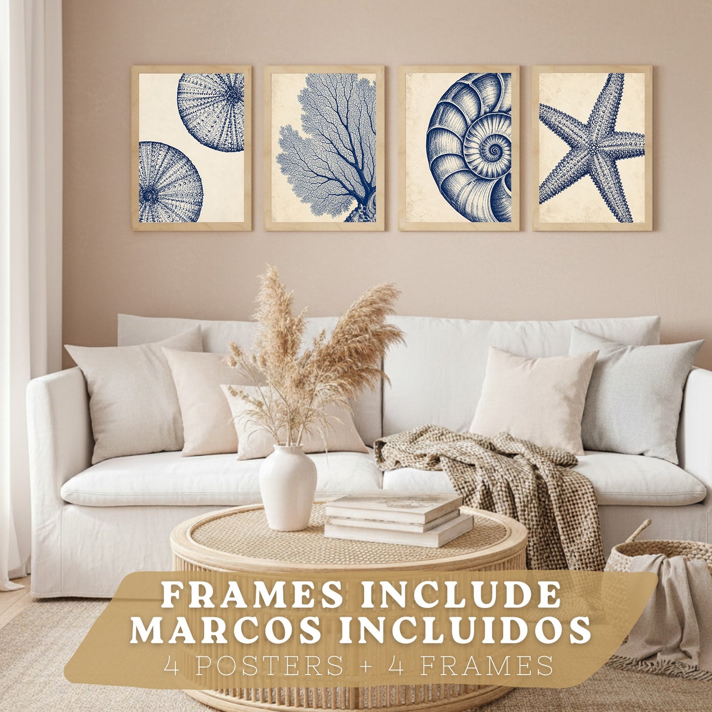 Posters de Azul Costero con Coral, Nautilus y Estrella de Mar