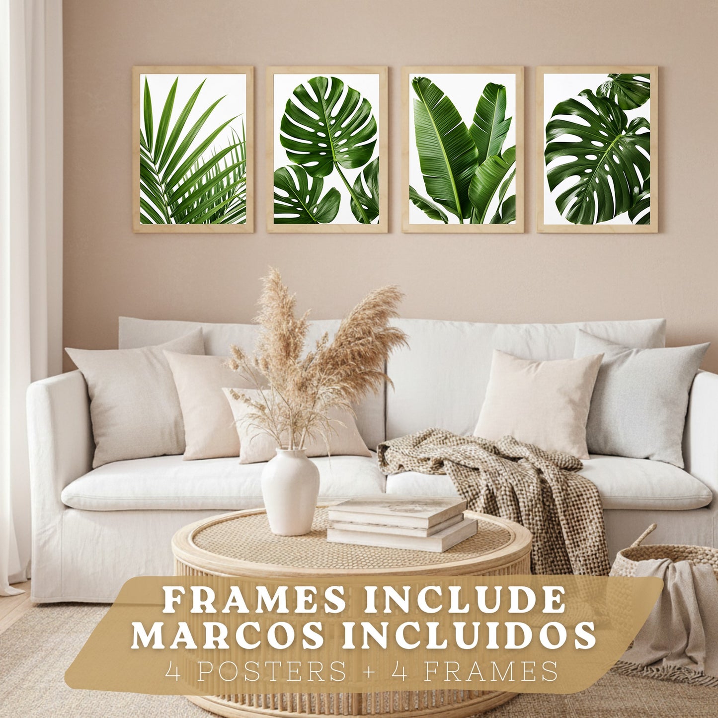 Posters de Hojas Tropicales con Arte Botánico de Monstera y Palma