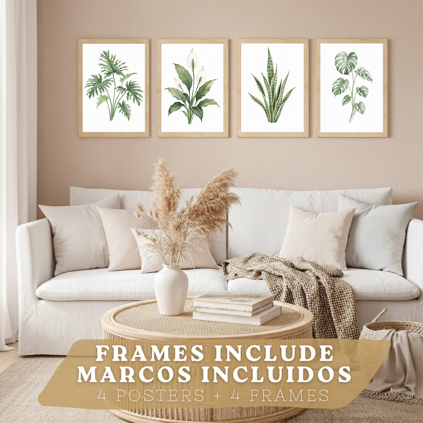 Posters Tropicales con Monstera, Sansevieria y Lirio de la Paz