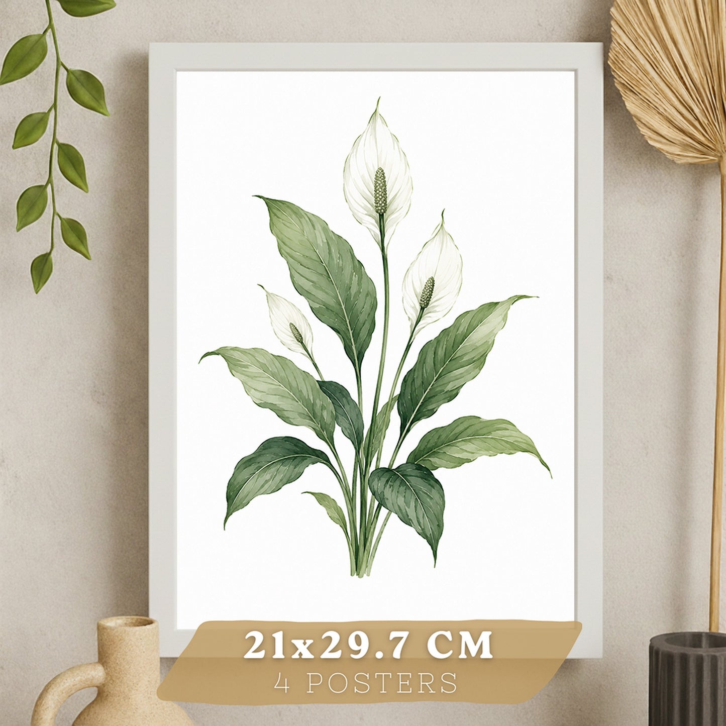 Posters Tropicales con Monstera, Sansevieria y Lirio de la Paz