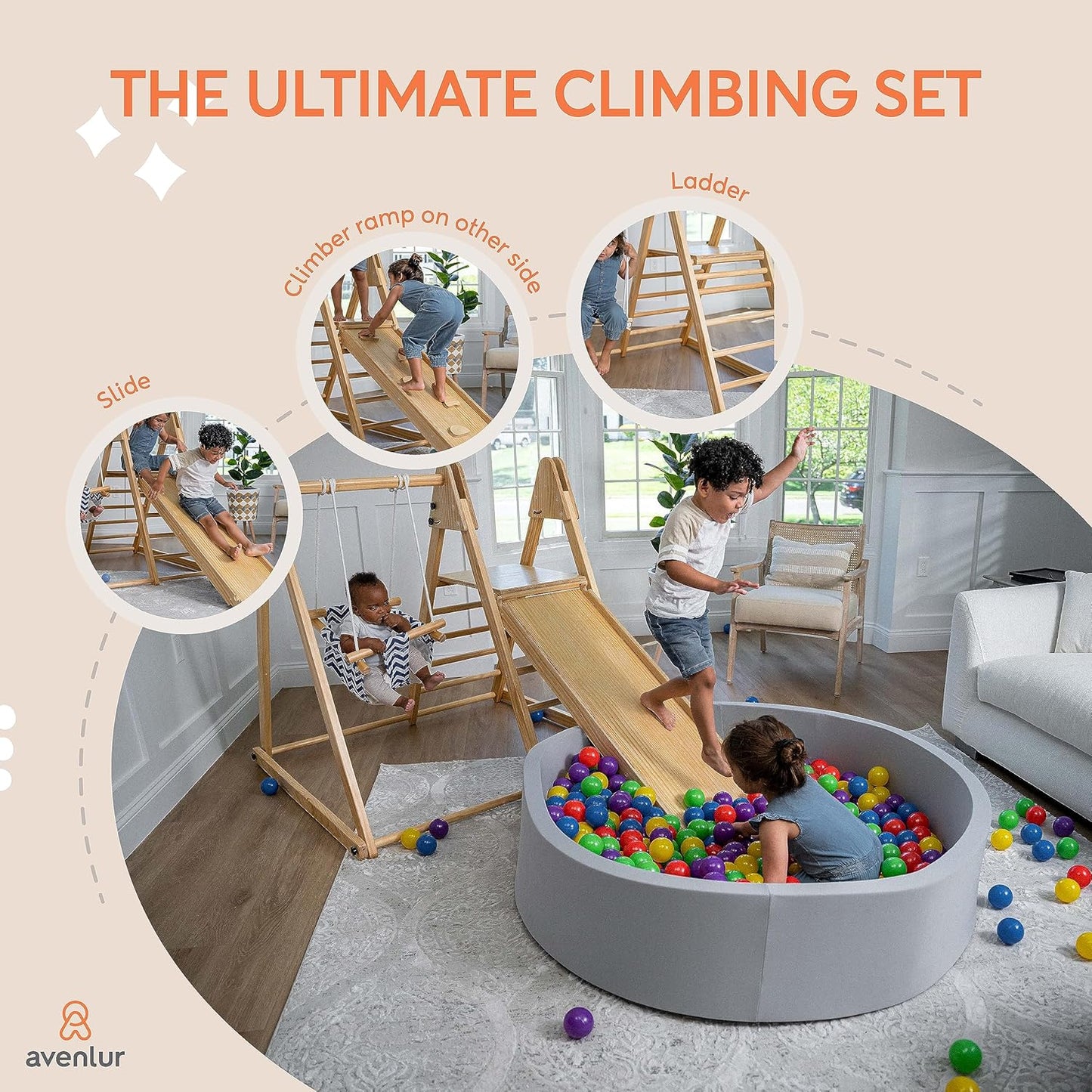 Gimnasio de juegos interior 4 en 1 Juniper de Avenlur: juego de gimnasio de jungla con columpio, tobogán, escalera y pared de escalada para bebés, juego de madera plegable, gimnasio de jungla interior para niños de 18 meses a 6 años