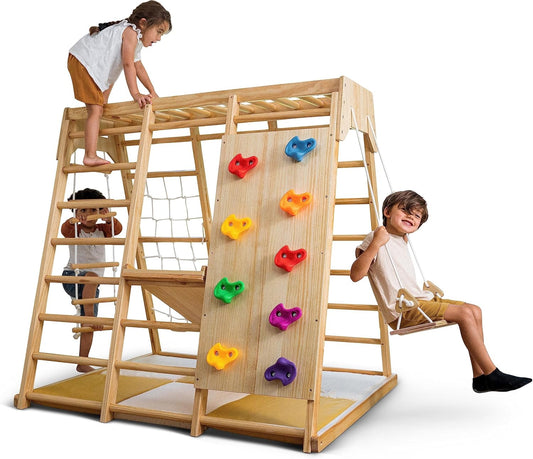 Gimnasio de jungla para juegos de interior Avenlur – Magnolia, parque infantil interior de madera Montessori 6 en 1 para niños de 2 a 6 años – Juguetes Waldorf, escalera de cuerda, columpio de interior, tobogán para bebés, muro de escalada, etc.