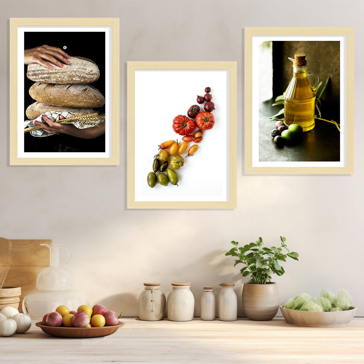 Set de 3 Cuadros de Cocina Mediterránea, Pan, Aceite de Oliva, Verduras Ilustración impresa en estilo Fotográfico para decorar Cocina, Despensa, Comedor, Restaurante, Cafetería