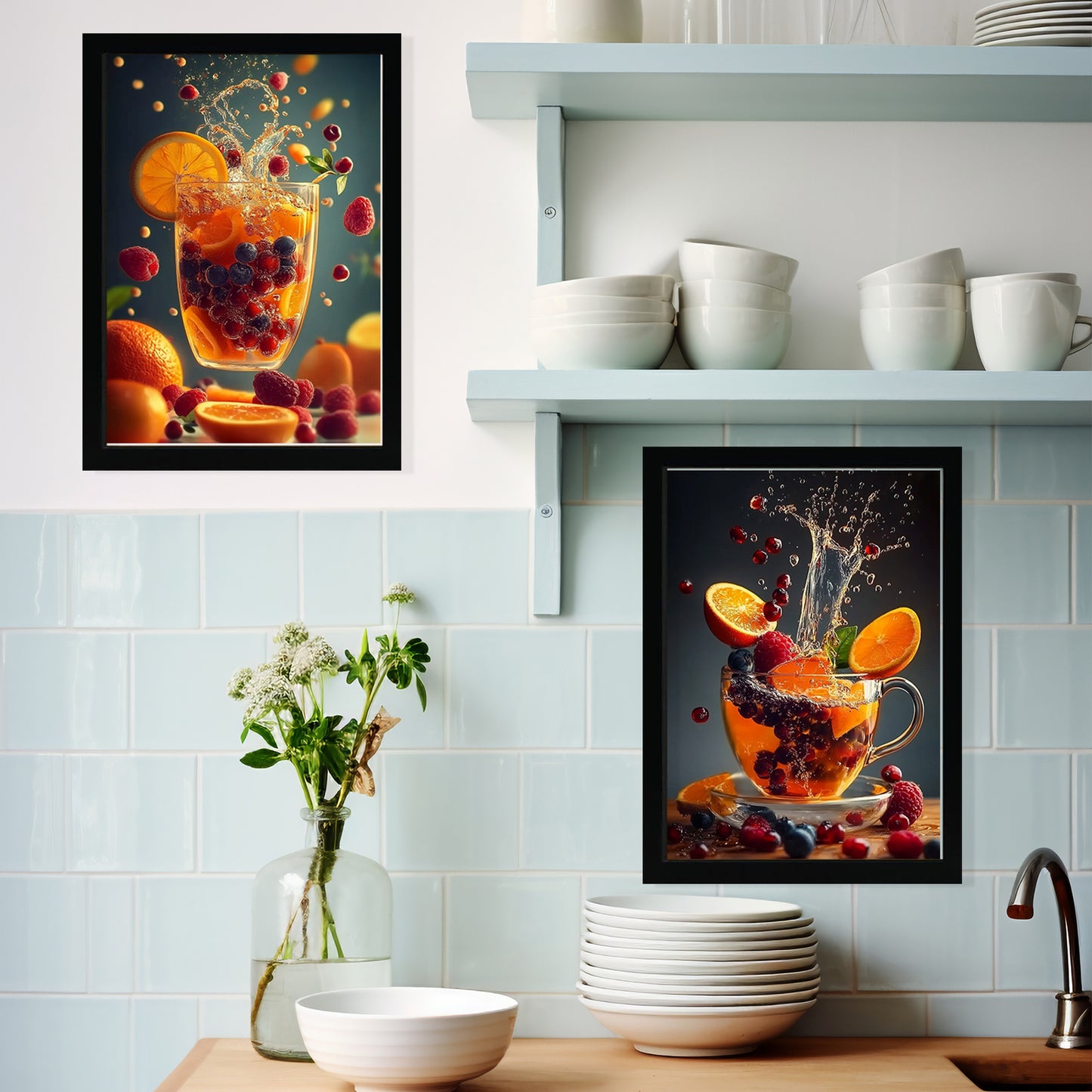 Set de 2 Cuadros de Colores con Té de Frutas Refrescantes Ilustración impresa en estilo Fotográfico para decorar las paredes de Cocina, Despensa, Comedor, Restaurante