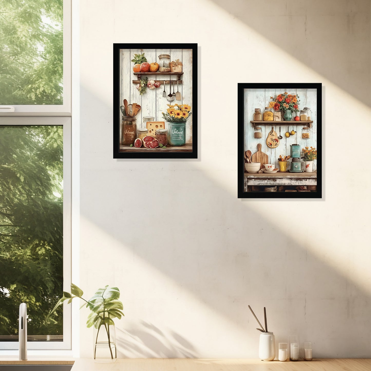 Set de 2 Cuadros de Cocina Rústica Impresión Ilustración en Estilo Campestre Arte de Pared para Decoración de Cocina, Despensa, Comedor, Restaurante