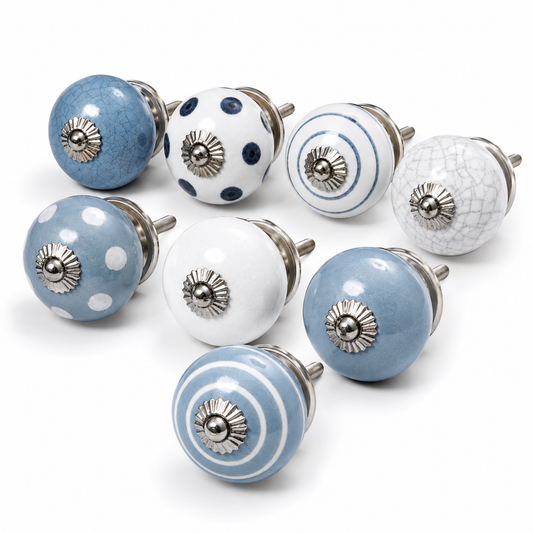 Set de 8 Pomos Tiradores de Cerámica Azul y Blanco para Muebles y Habitación Infantil