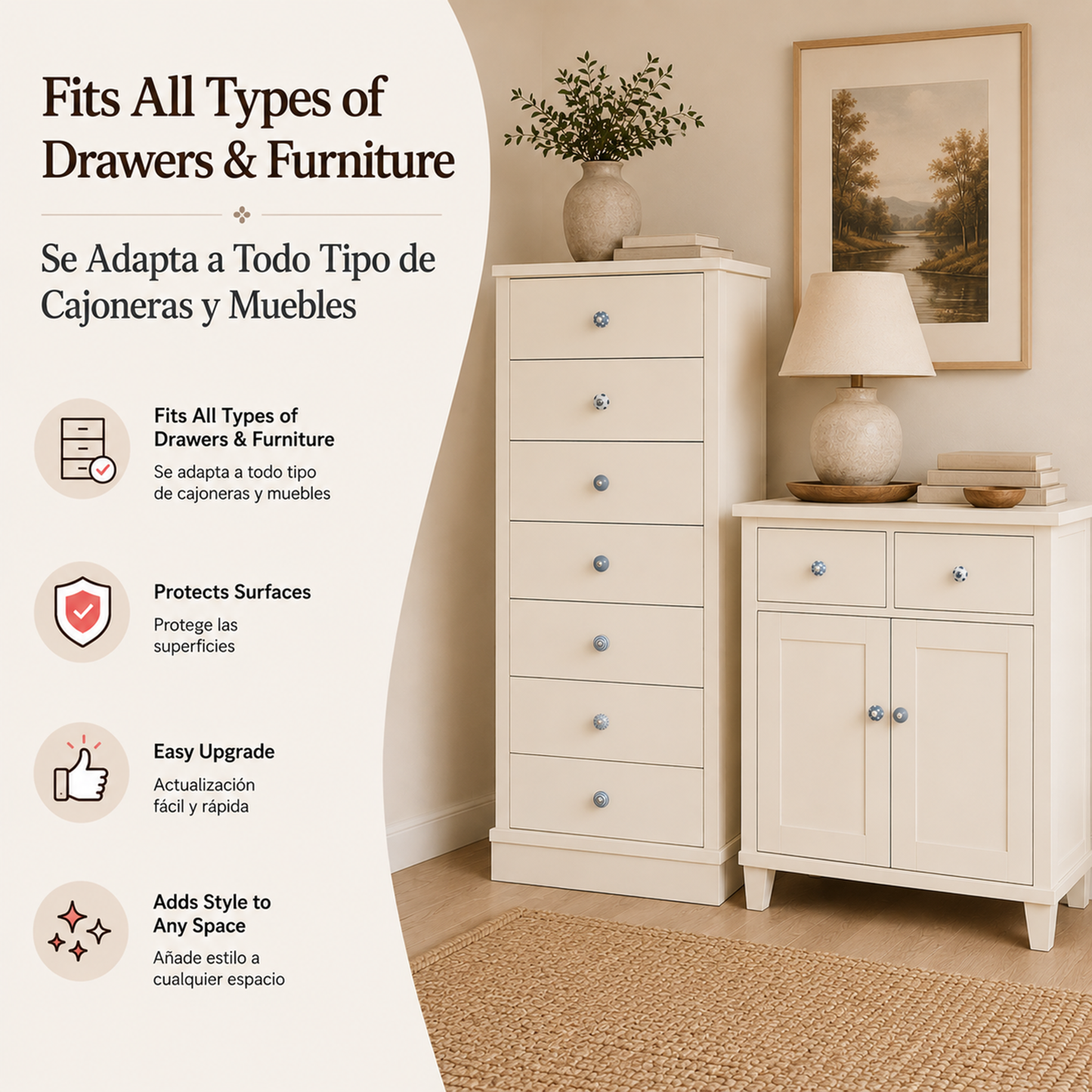 Set de 8 Pomos Tiradores de Cerámica Azul y Blanco para Muebles y Habitación Infantil